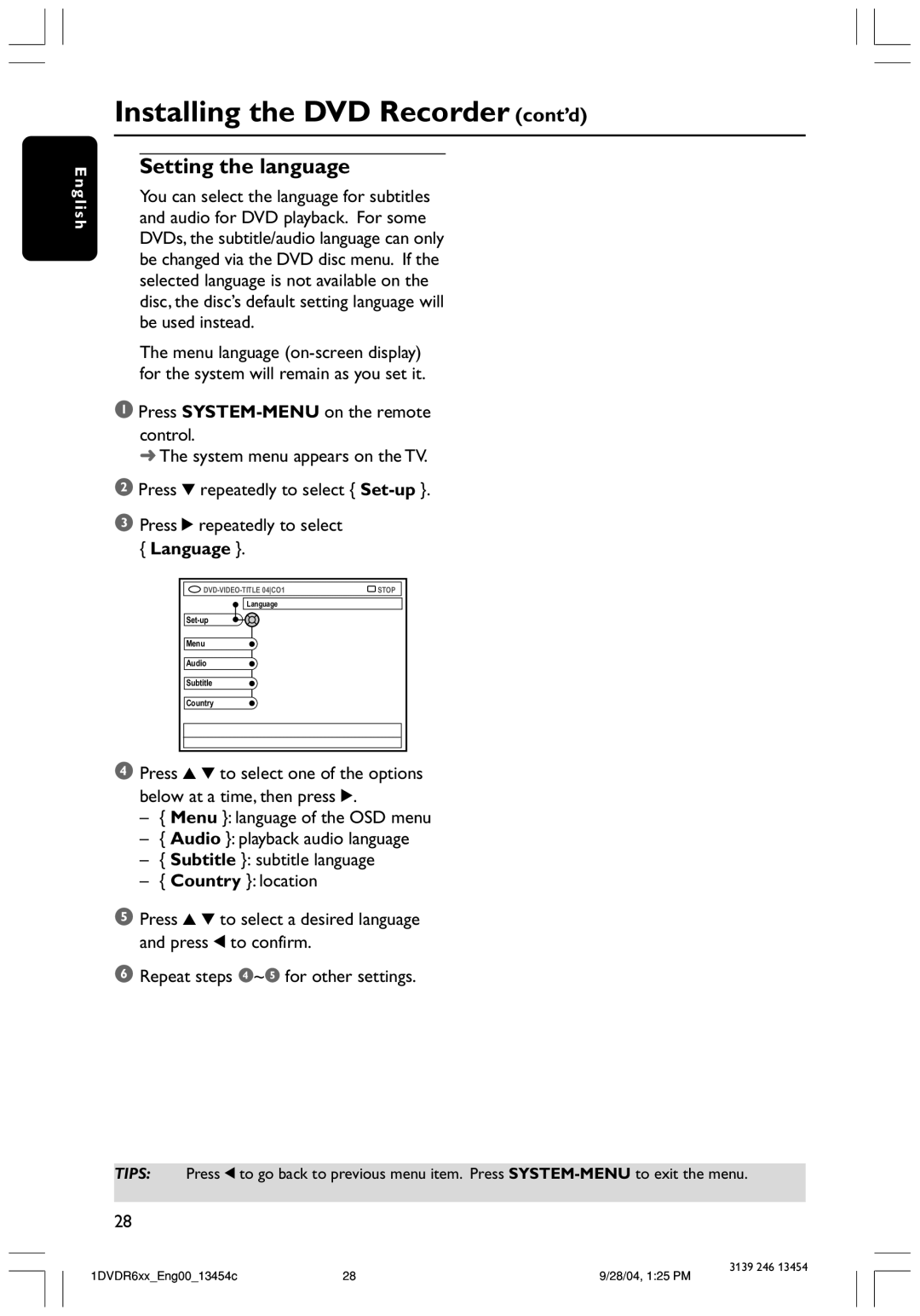 Philips DVDR612/97 user manual Setting the language 