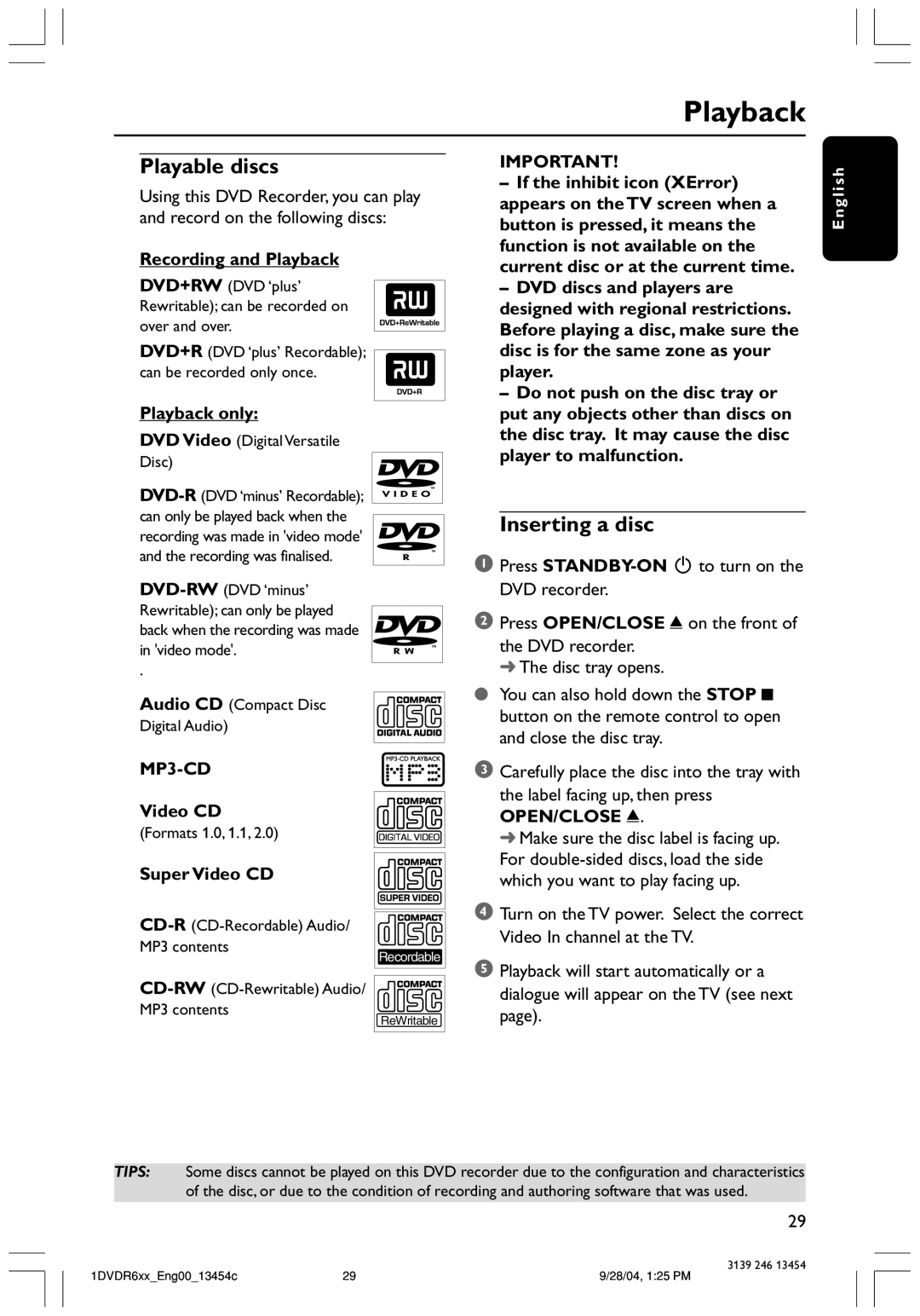 Philips DVDR612/97 user manual Playback, Playable discs, Inserting a disc, MP3-CD 