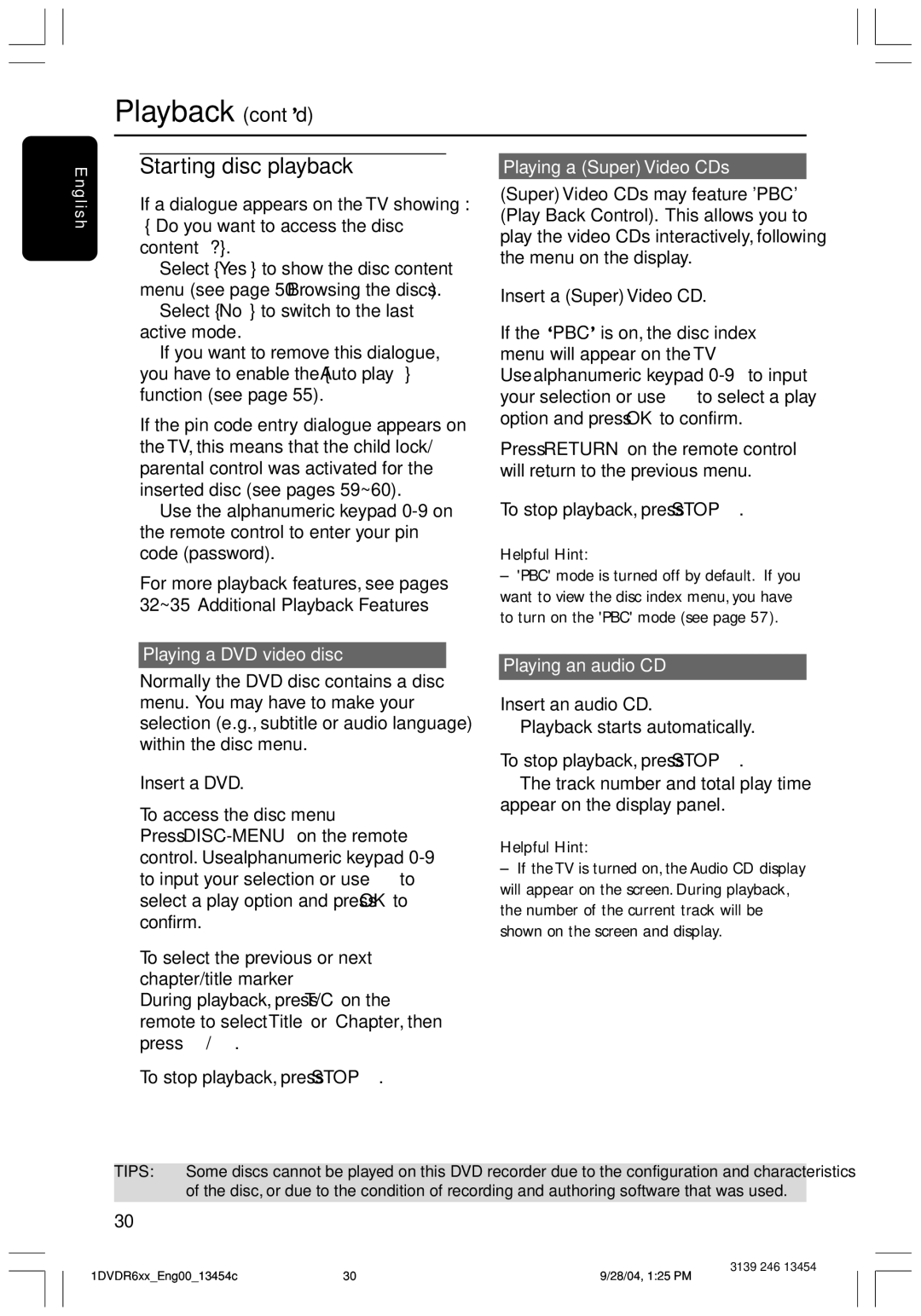 Philips DVDR612/97 user manual Playback cont’d, Starting disc playback, Playing a DVD video disc, Playing a Super Video CDs 