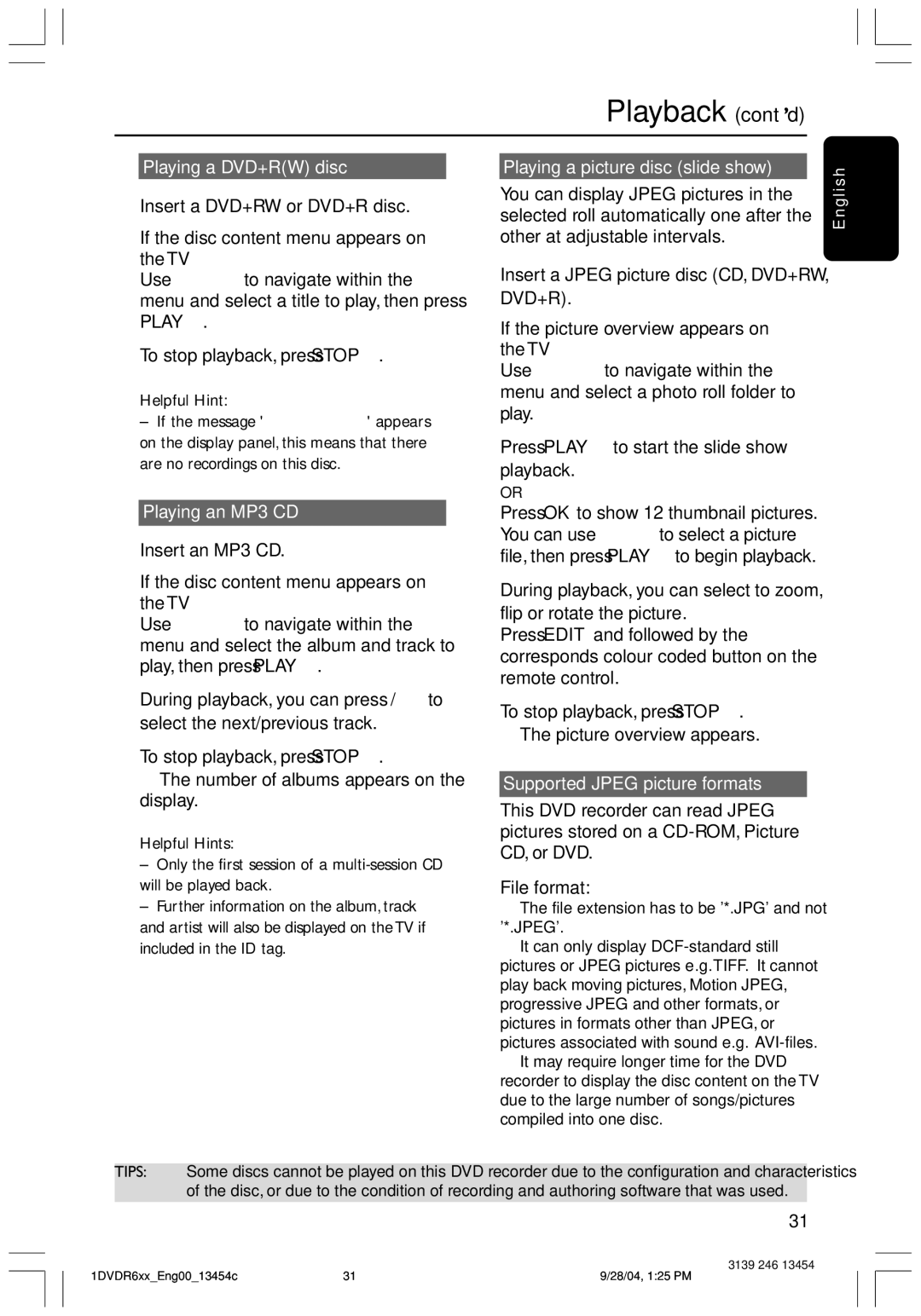 Philips DVDR612/97 user manual Playing a DVD+RW disc, Playing an MP3 CD, Playing a picture disc slide show 