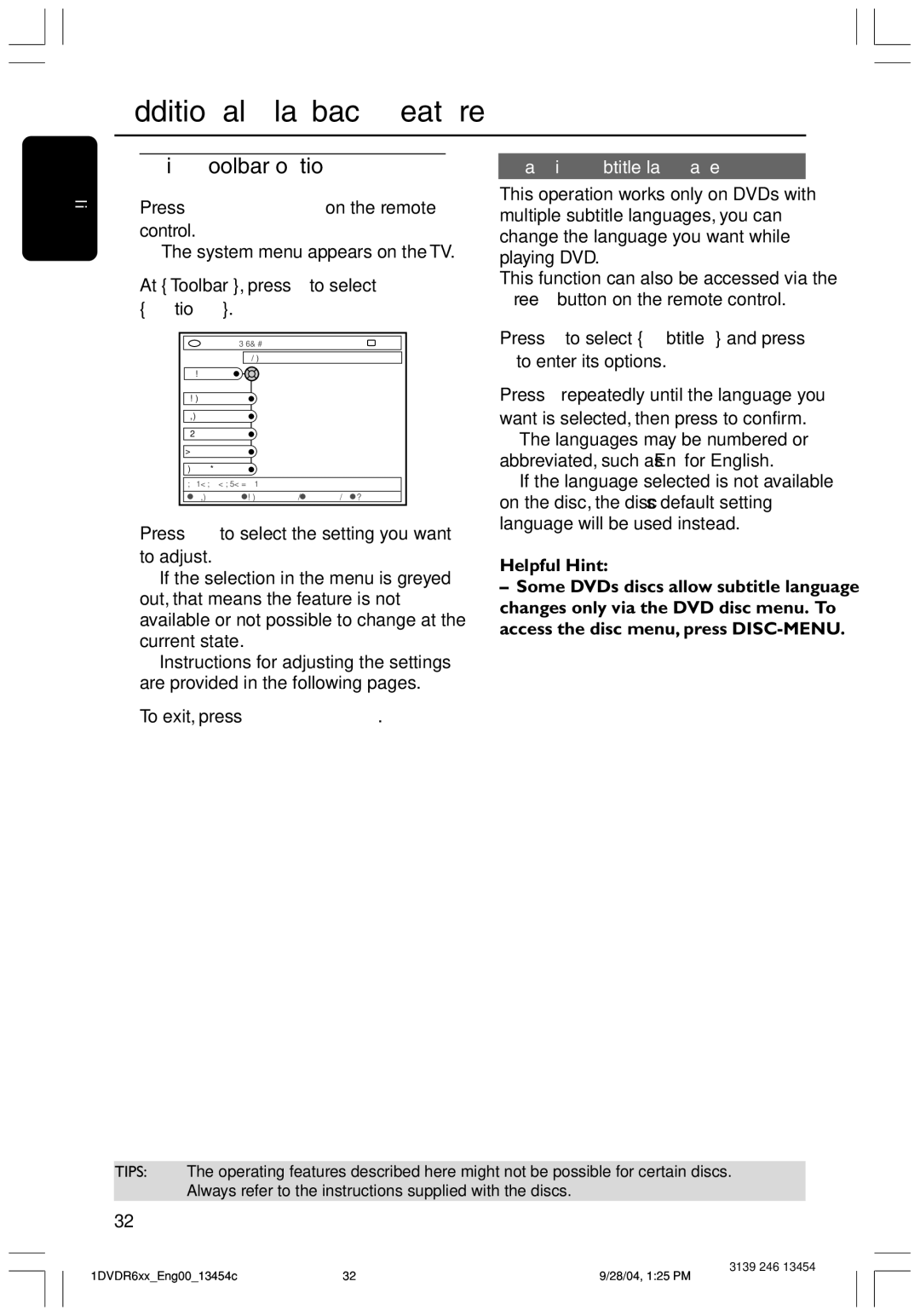 Philips DVDR612/97 user manual Additional Playback Features, Using Toolbar options, To exit, press SYSTEM-MENU 