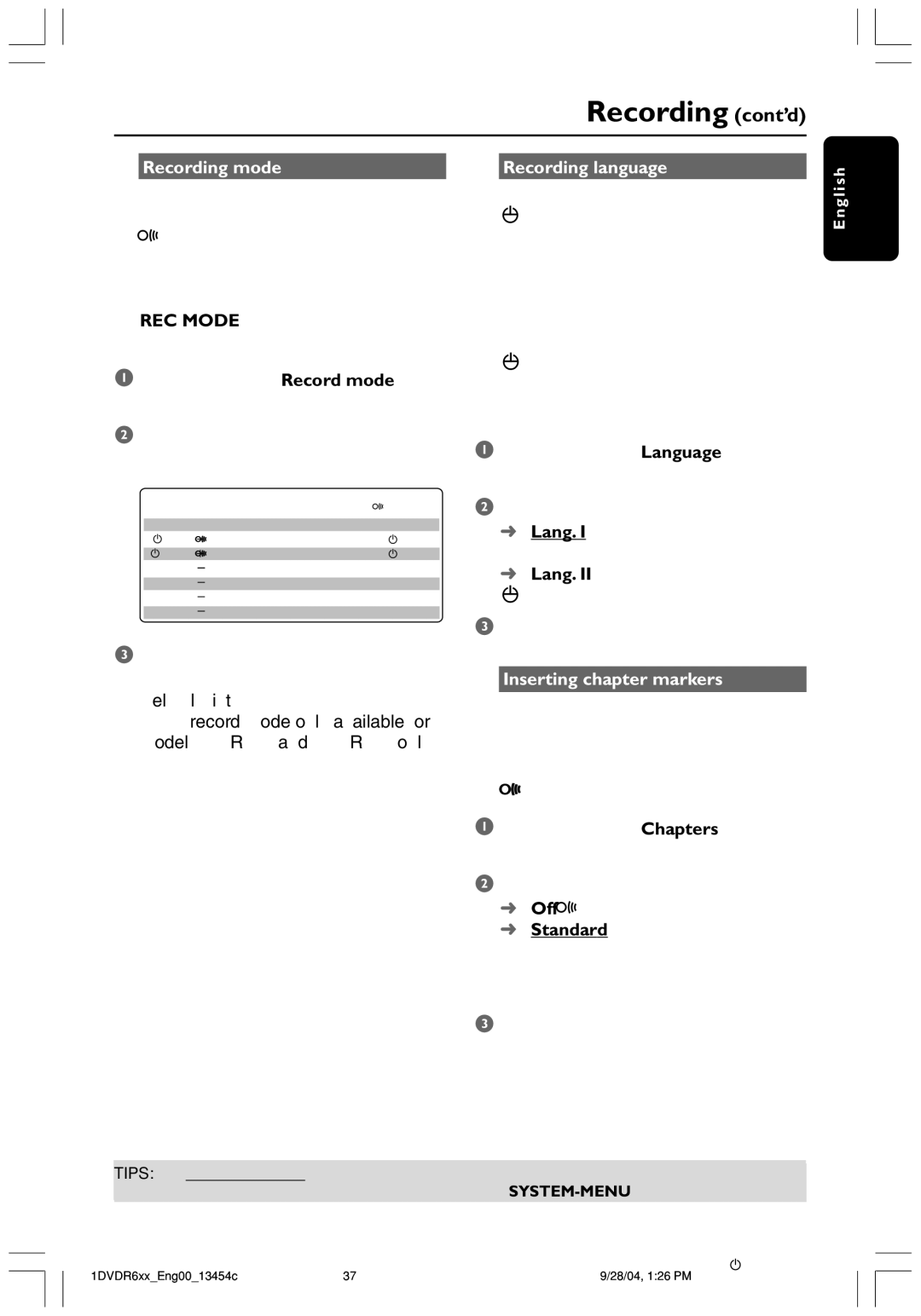 Philips DVDR612/97 user manual Recording cont’d, Recording mode Recording language, Inserting chapter markers 