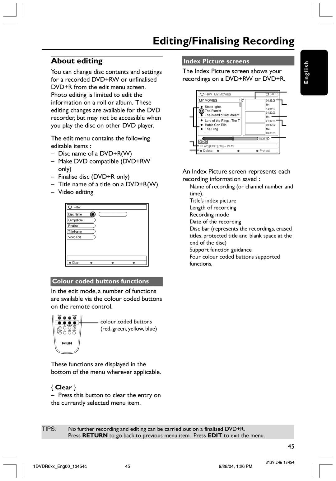 Philips DVDR612 Editing/Finalising Recording, About editing, Index Picture screens, Colour coded buttons functions, Clear 