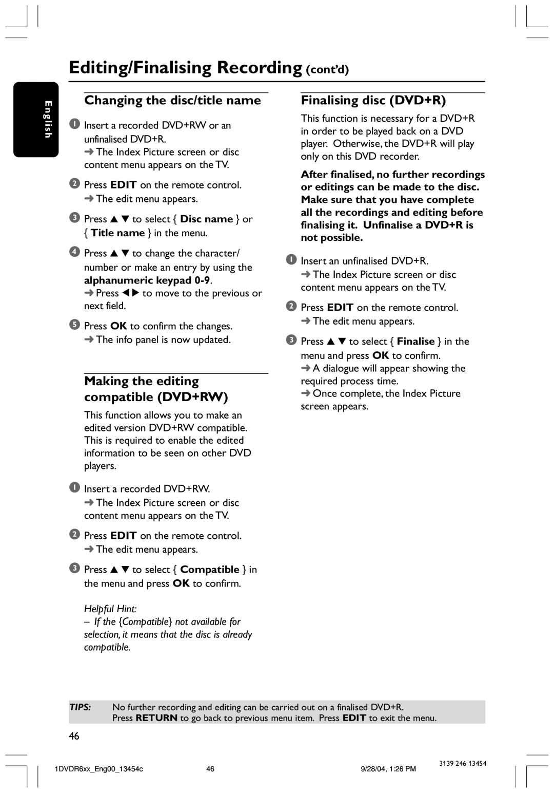 Philips DVDR612/97 Editing/Finalising Recording cont’d, Changing the disc/title name, Making the editing compatible DVD+RW 