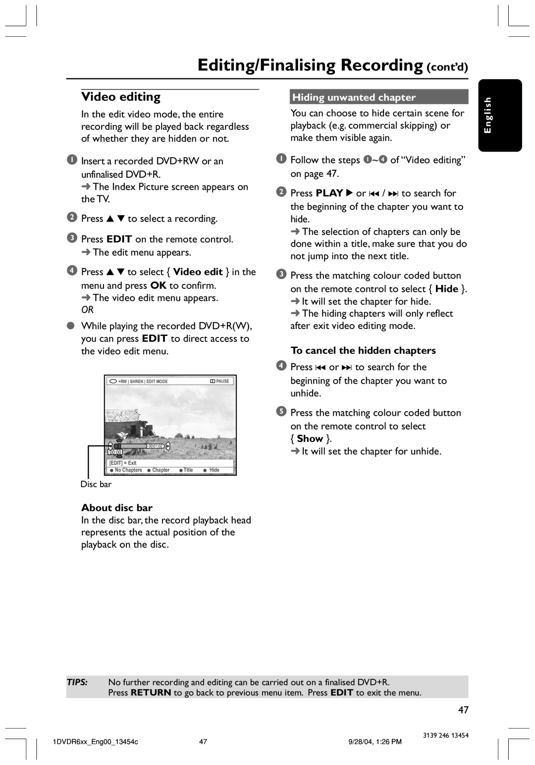 Philips DVDR612/97 user manual Hiding unwanted chapter, About disc bar, To cancel the hidden chapters, Show 