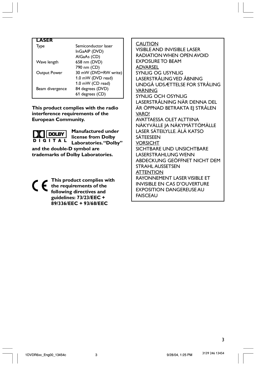 Philips DVDR612/97 user manual Laser 