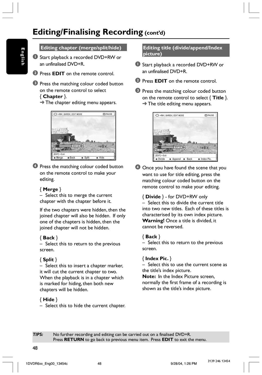 Philips DVDR612/97 user manual Editing chapter merge/split/hide, Editing title divide/append/Index picture 