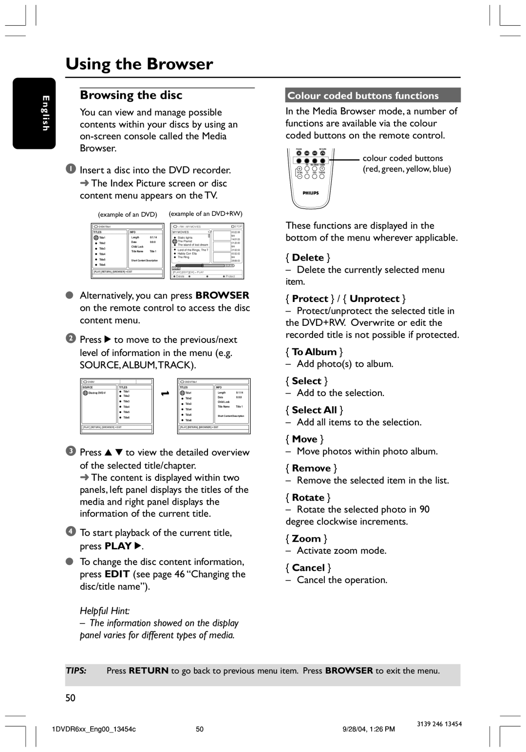 Philips DVDR612/97 user manual Using the Browser, Browsing the disc 