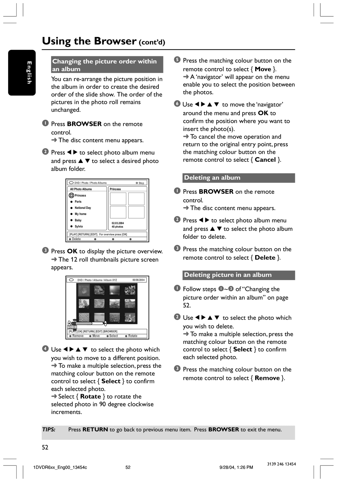 Philips DVDR612/97 user manual Changing the picture order within an album, Deleting an album, Deleting picture in an album 