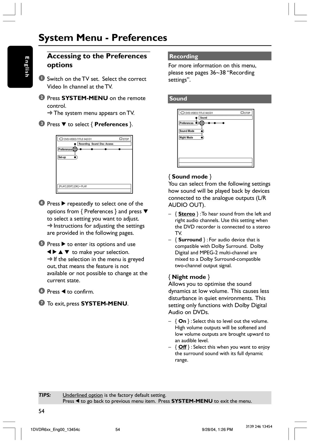 Philips DVDR612/97 user manual System Menu Preferences, Accessing to the Preferences options, Recording, Sound 