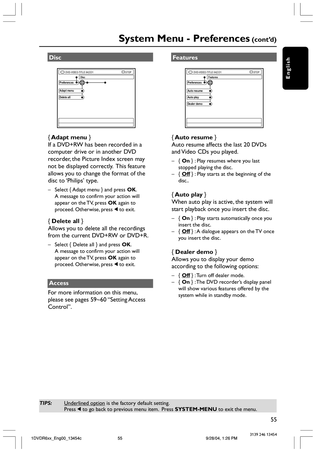 Philips DVDR612/97 user manual System Menu Preferences cont’d, Disc, Access, Features 