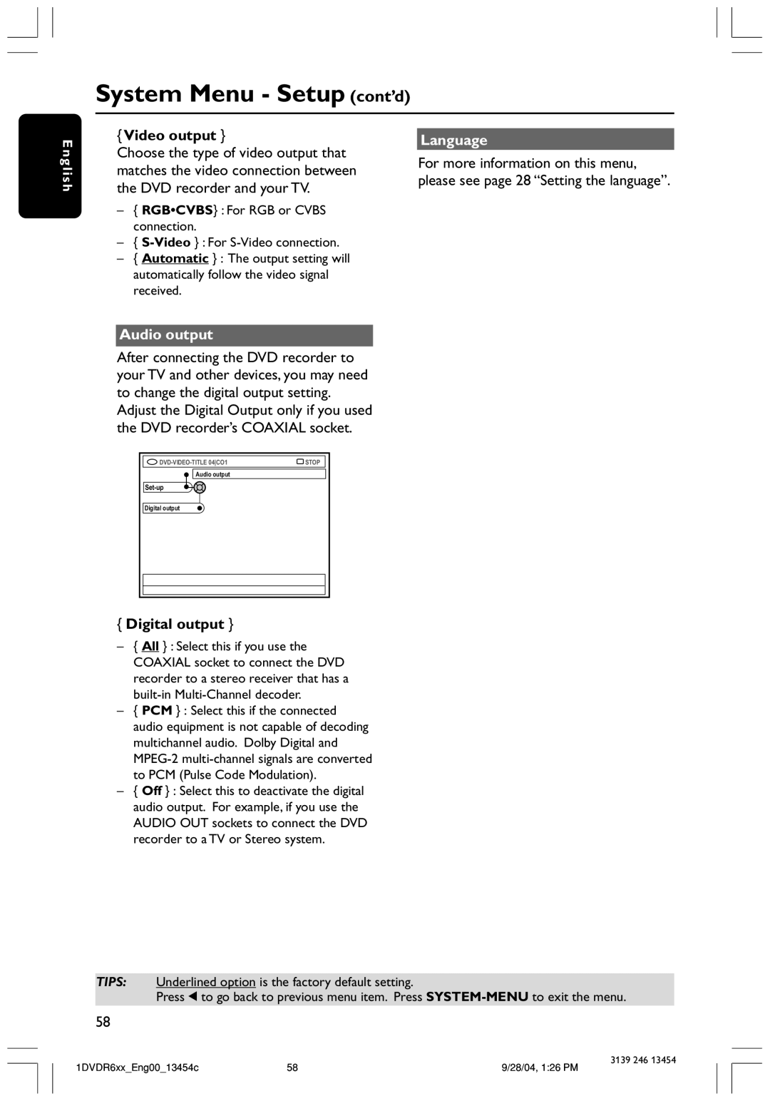 Philips DVDR612/97 user manual Video output, Language, Audio output, Digital output 