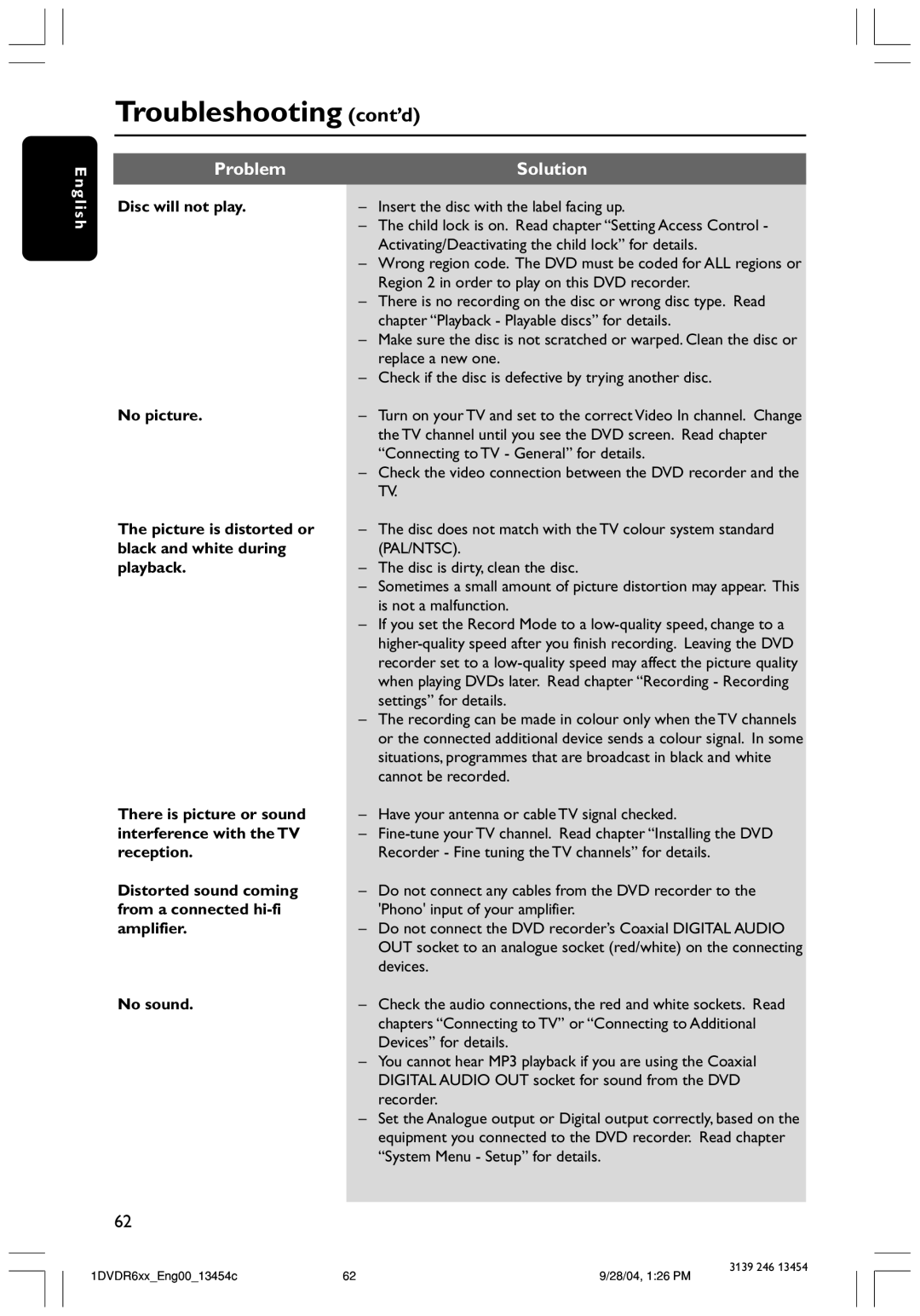 Philips DVDR612/97 user manual Troubleshooting cont’d, Insert the disc with the label facing up 