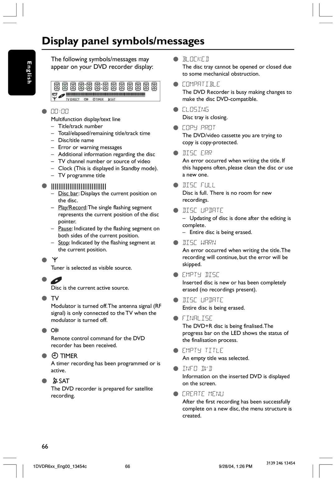 Philips DVDR612/97 user manual Display panel symbols/messages, 0000, Sat 