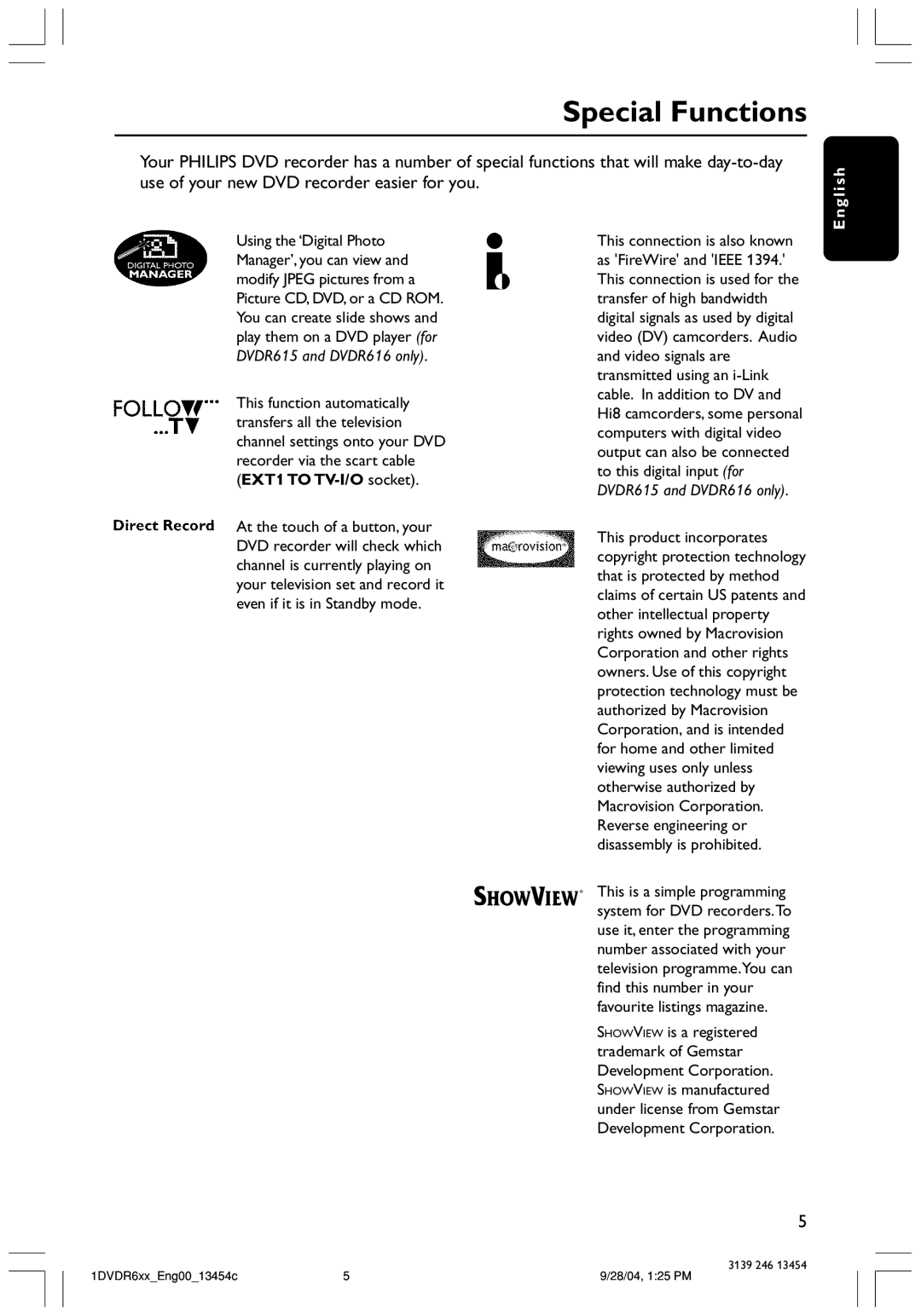 Philips DVDR612/97 user manual Special Functions 