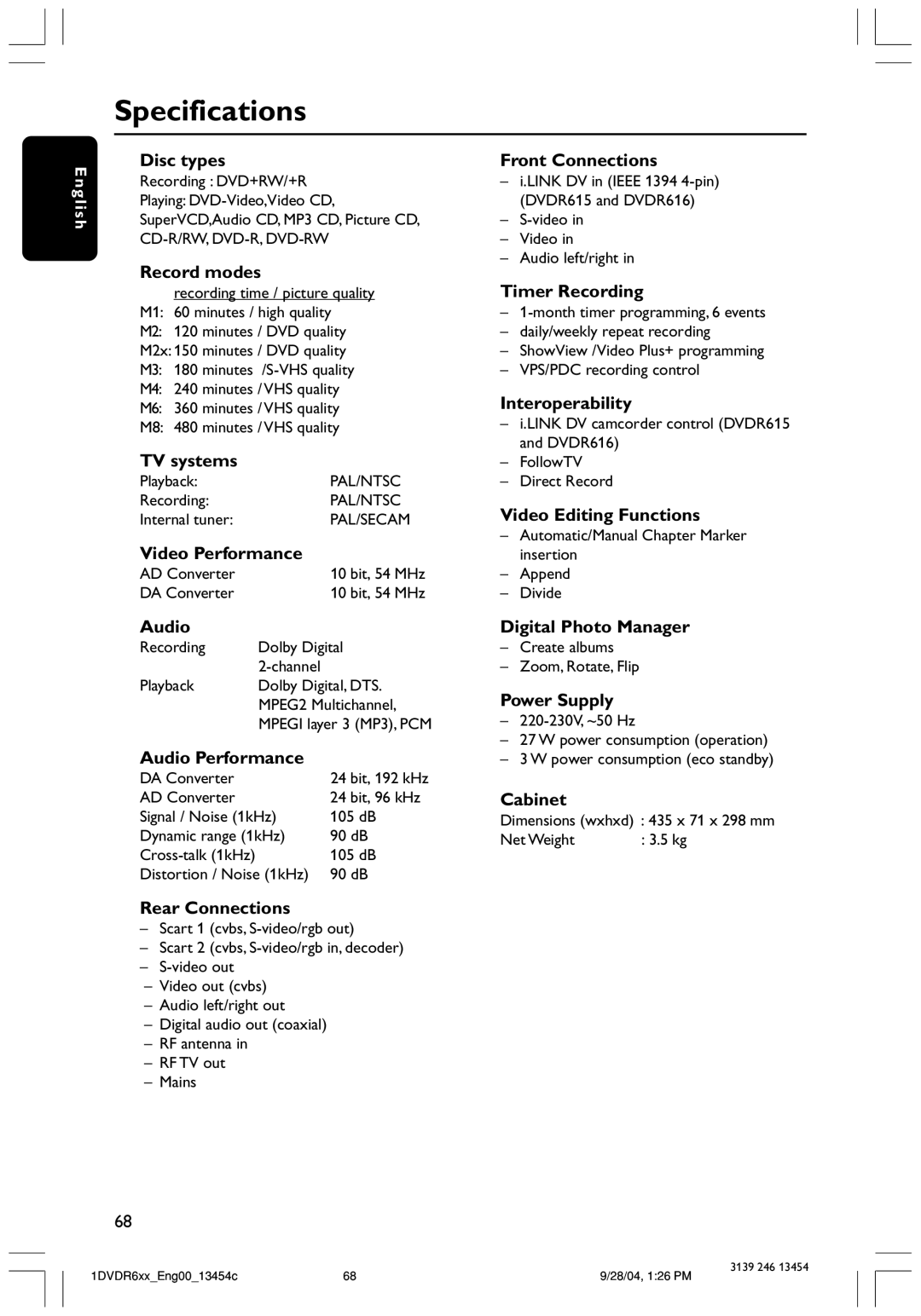 Philips DVDR612/97 user manual Specifications 