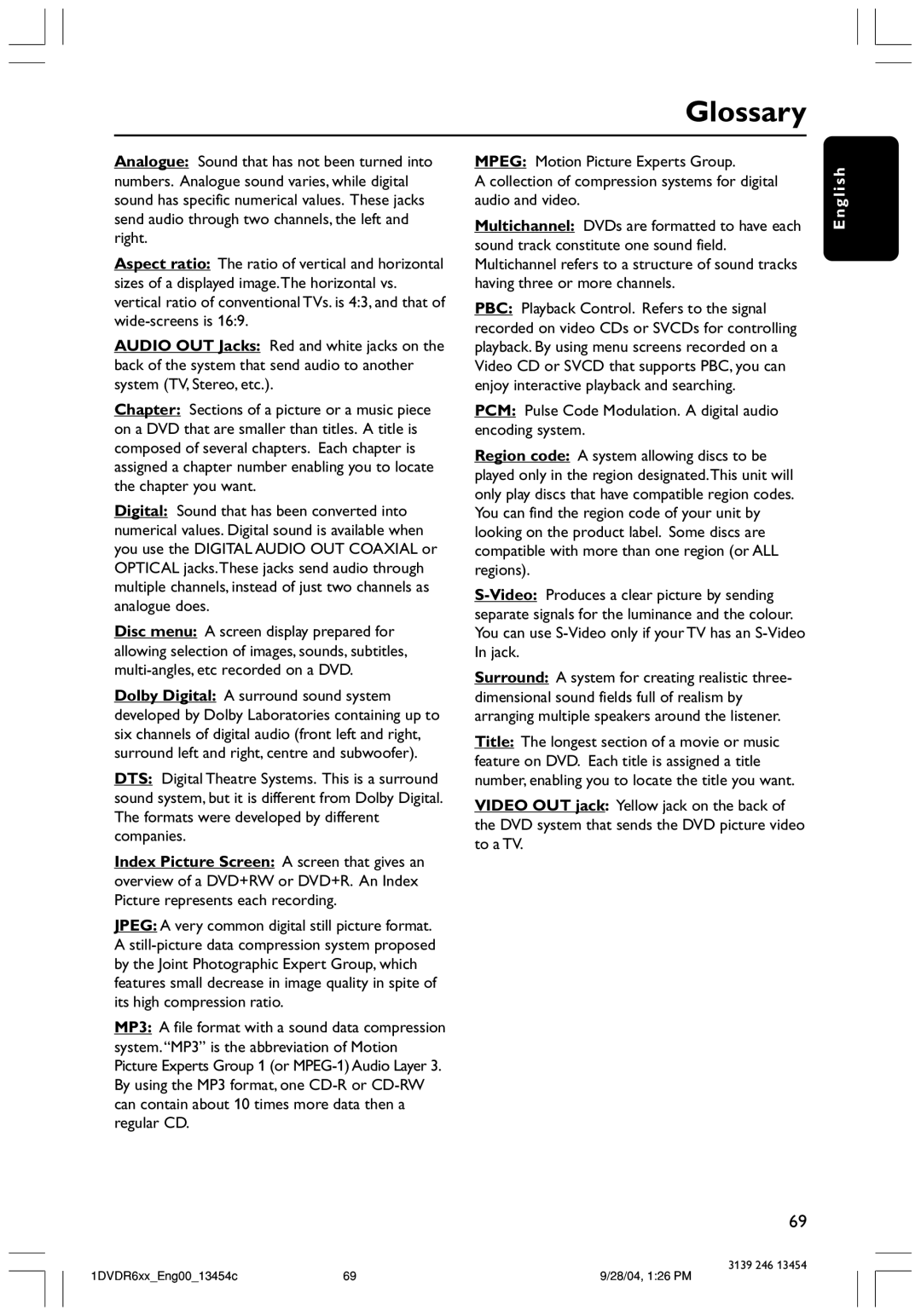 Philips DVDR612/97 user manual Glossary 