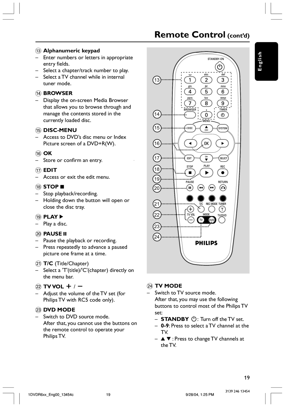 Philips DVDR612 Remote Control cont’d, # Alphanumeric keypad, $ Browser, Disc-Menu, Edit, Stop, Play, Pause, Tv Vol + 