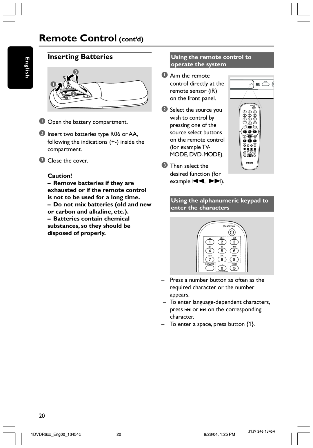 Philips DVDR612/97 user manual Remote Control cont’d, Inserting Batteries, Using the remote control to operate the system 