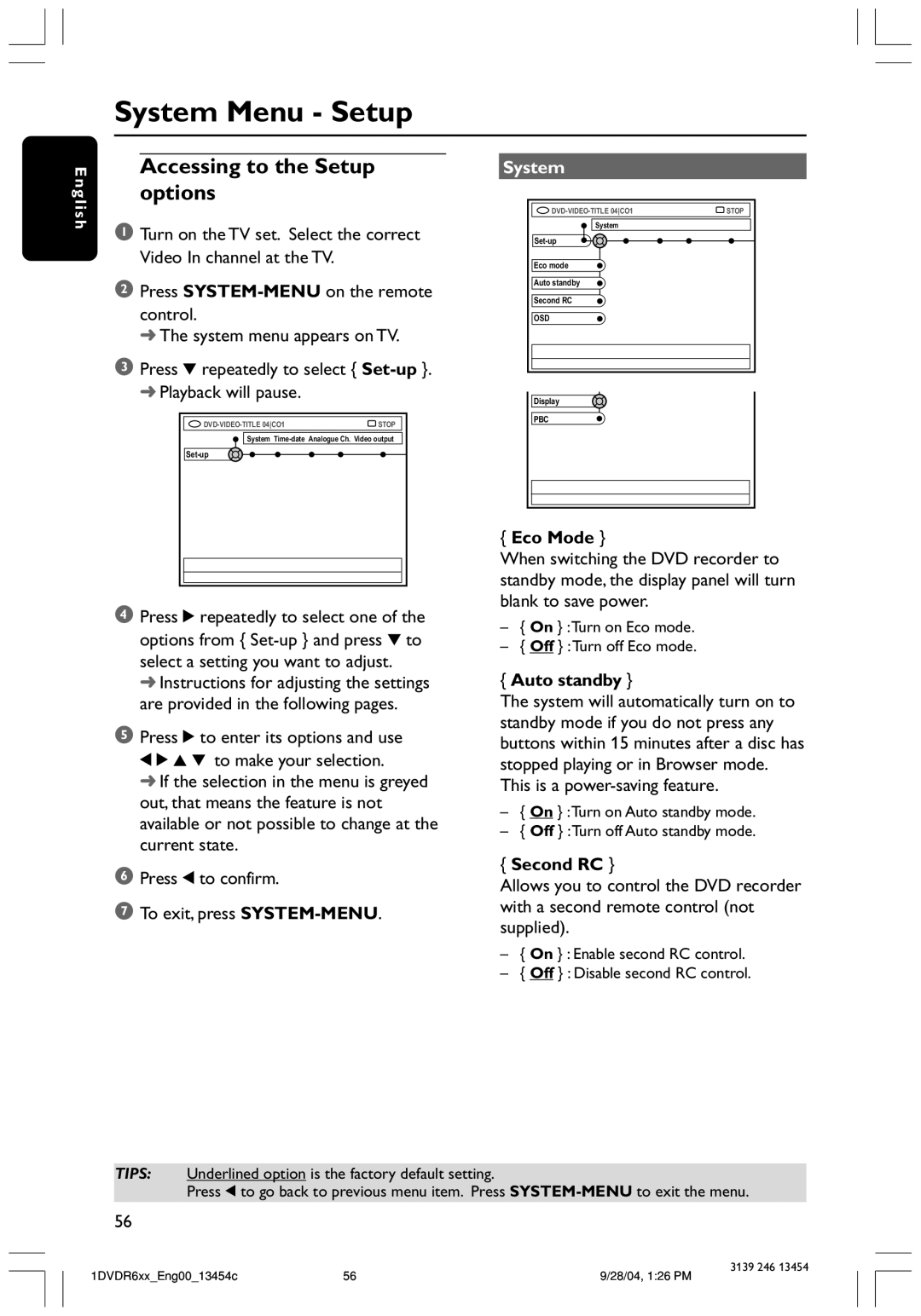 Philips DVDR612/97 user manual System Menu - Setup, Accessing to the Setup options, Eco Mode, Auto standby, Second RC 