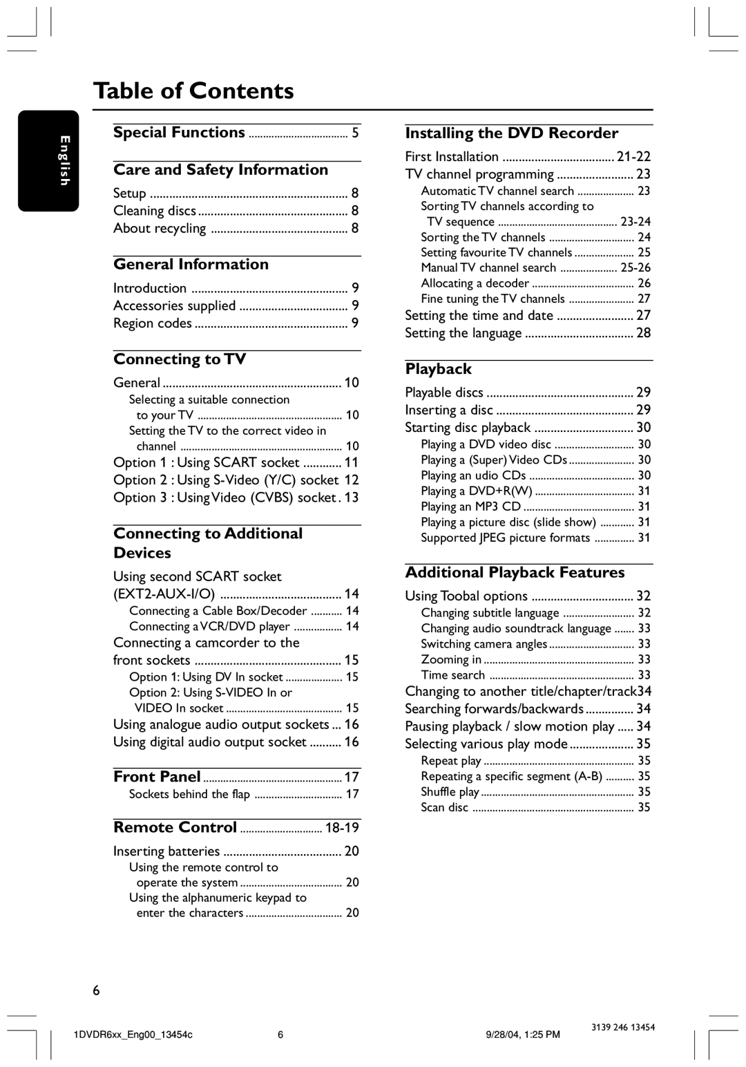 Philips DVDR612/97 Table of Contents, Care and Safety Information, General Information, Connecting to TV, Devices, Englis 