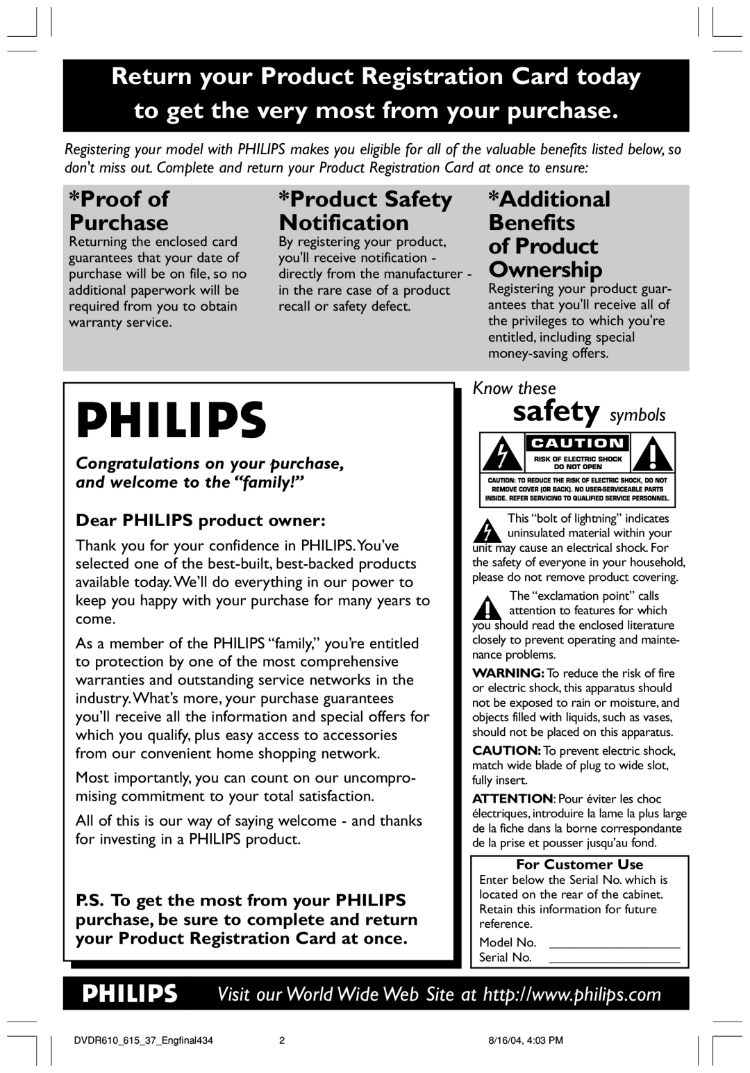 Philips DVDR615 user manual Returning the enclosed card By registering your product, For Customer Use 