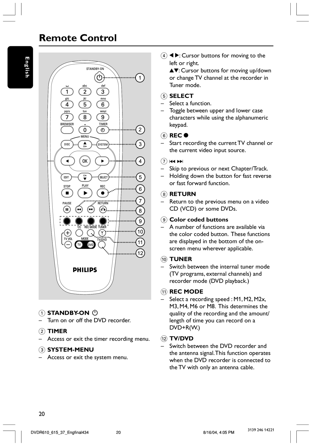 Philips DVDR615 user manual Remote Control 