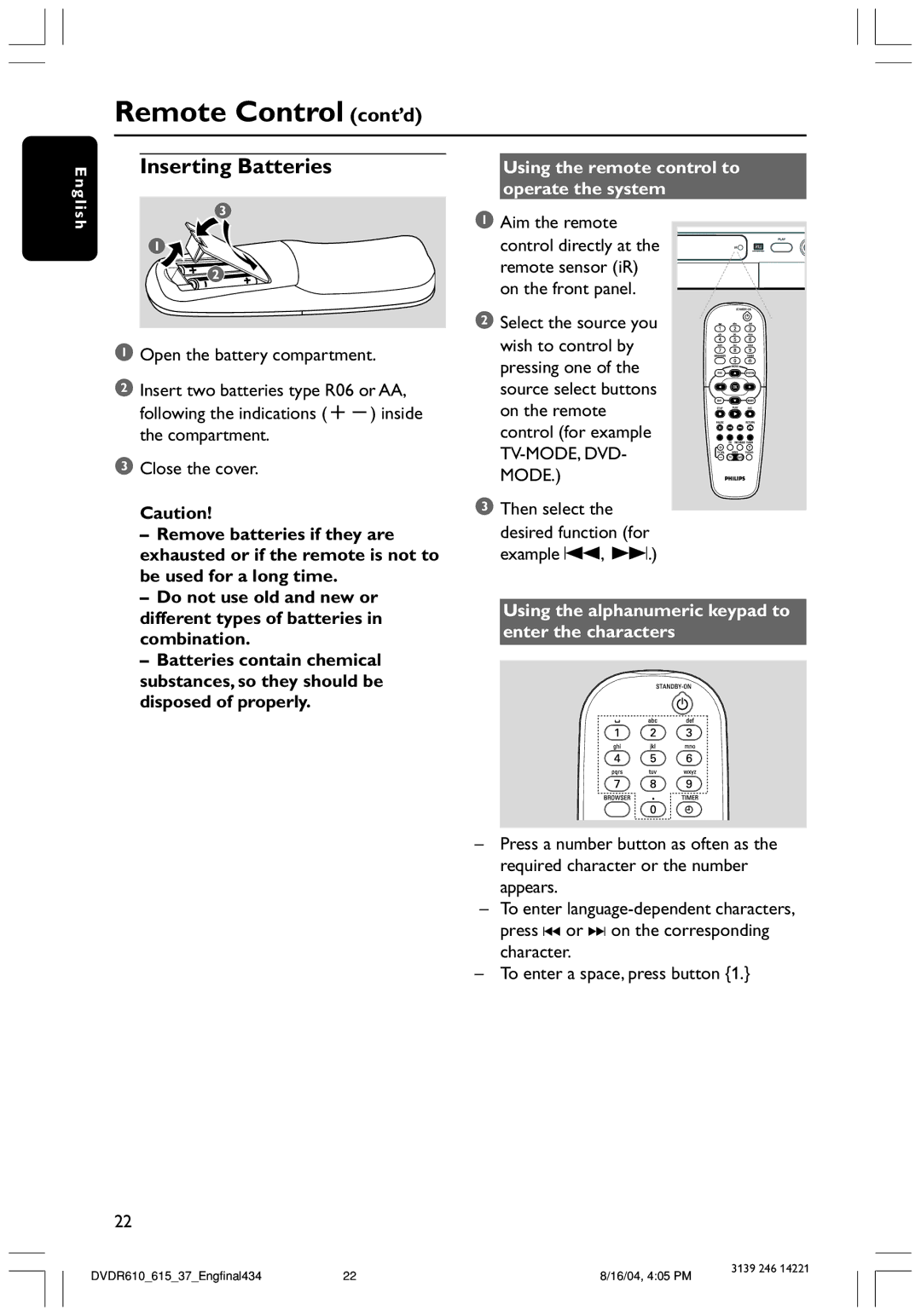 Philips DVDR615 Using the remote control to operate the system, Using the alphanumeric keypad to enter the characters 