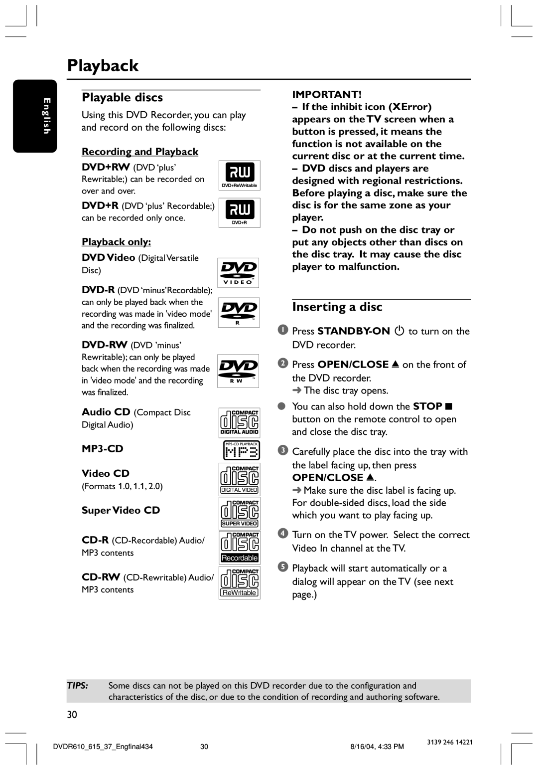 Philips DVDR615 user manual Playback, Playable discs, Inserting a disc, MP3-CD 