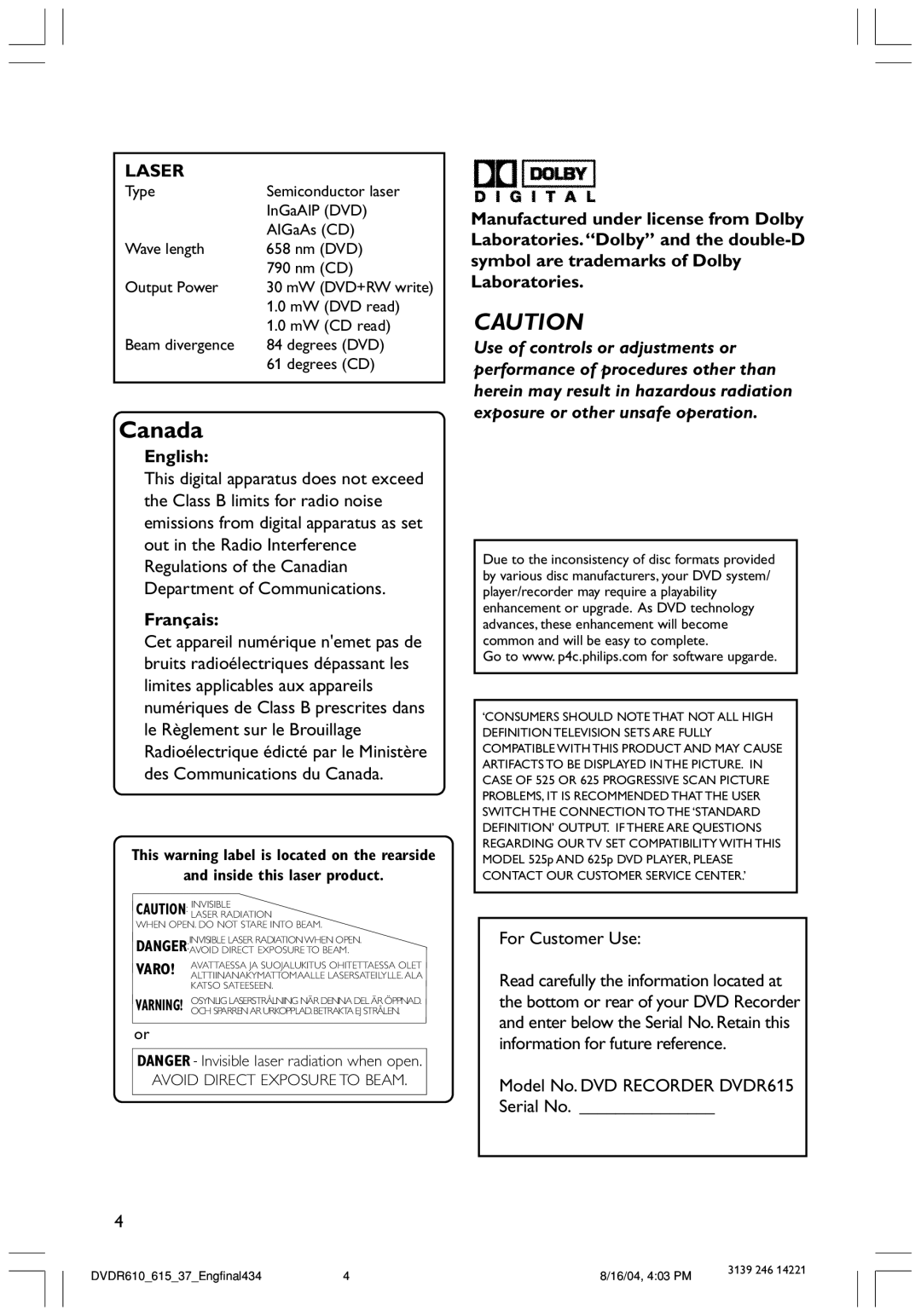 Philips DVDR615 user manual Laser, English, Français, For Customer Use 