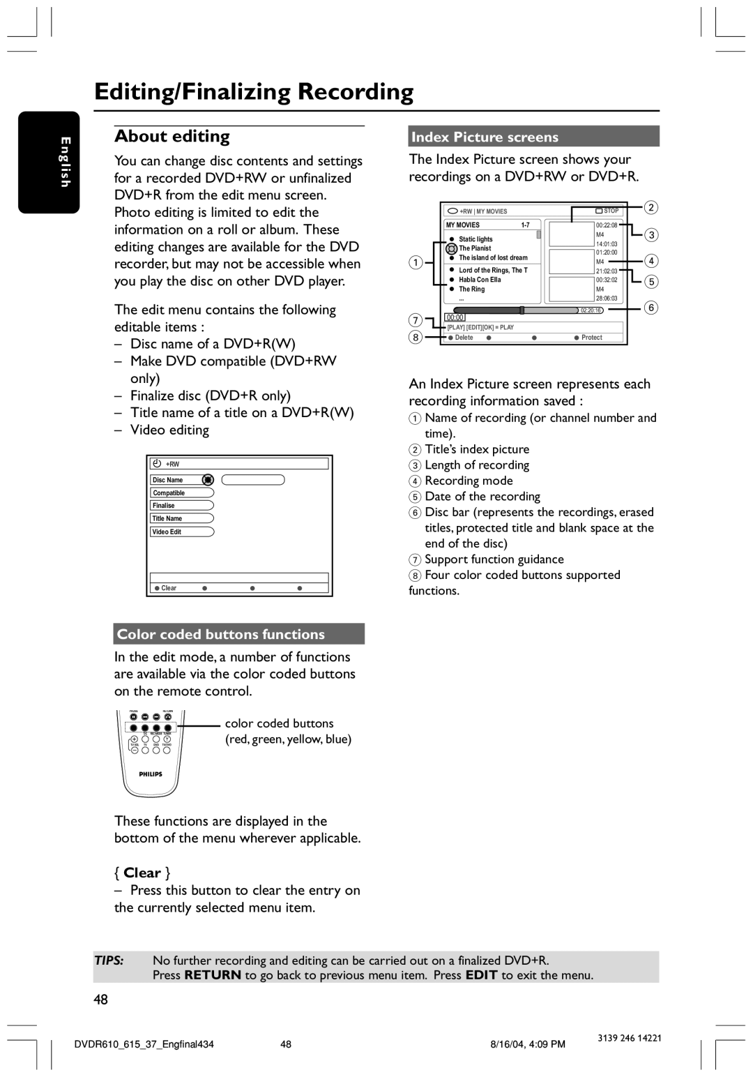 Philips DVDR615 Editing/Finalizing Recording, About editing, Index Picture screens, Color coded buttons functions 