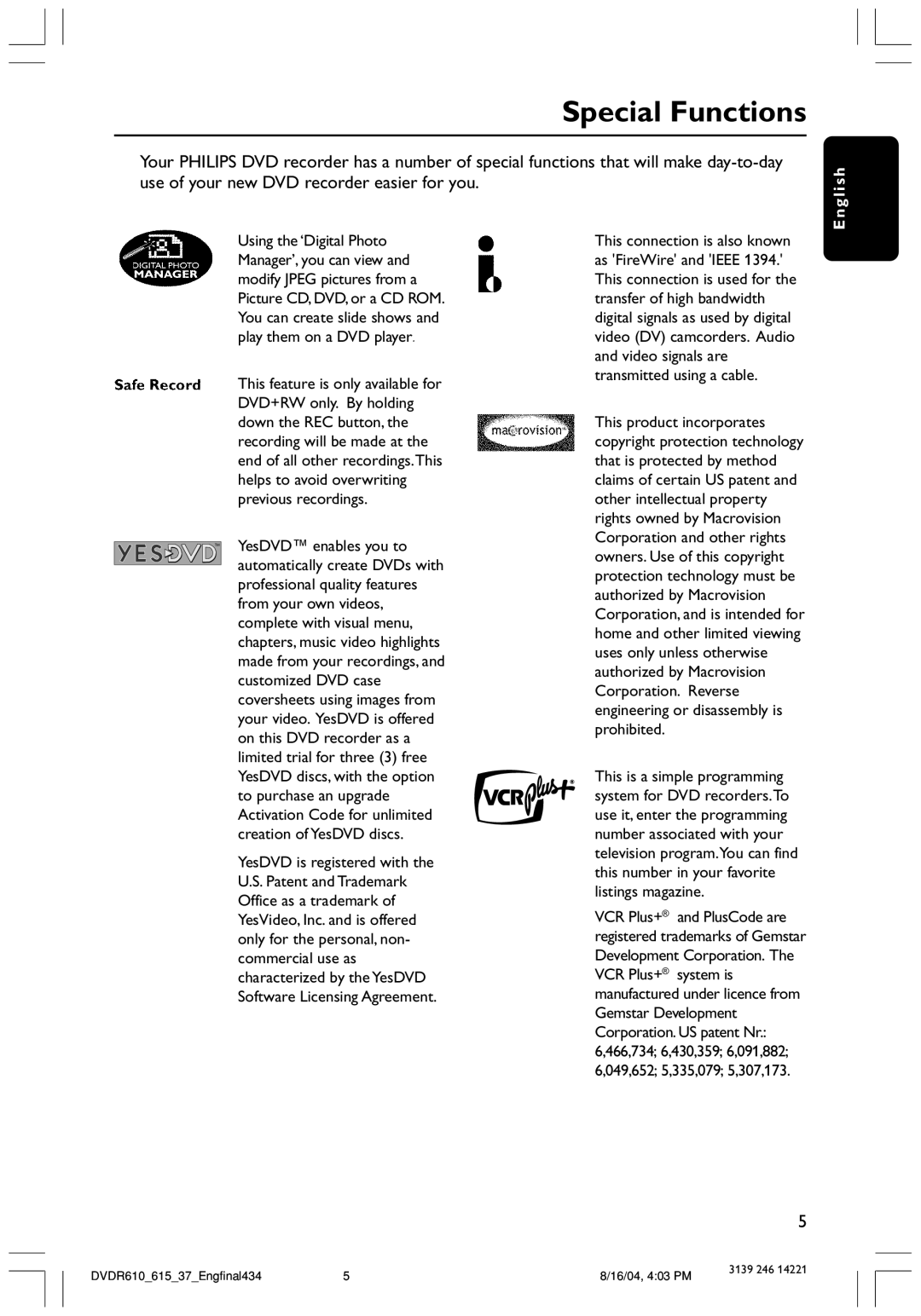 Philips DVDR615 user manual Special Functions, G l i s h 