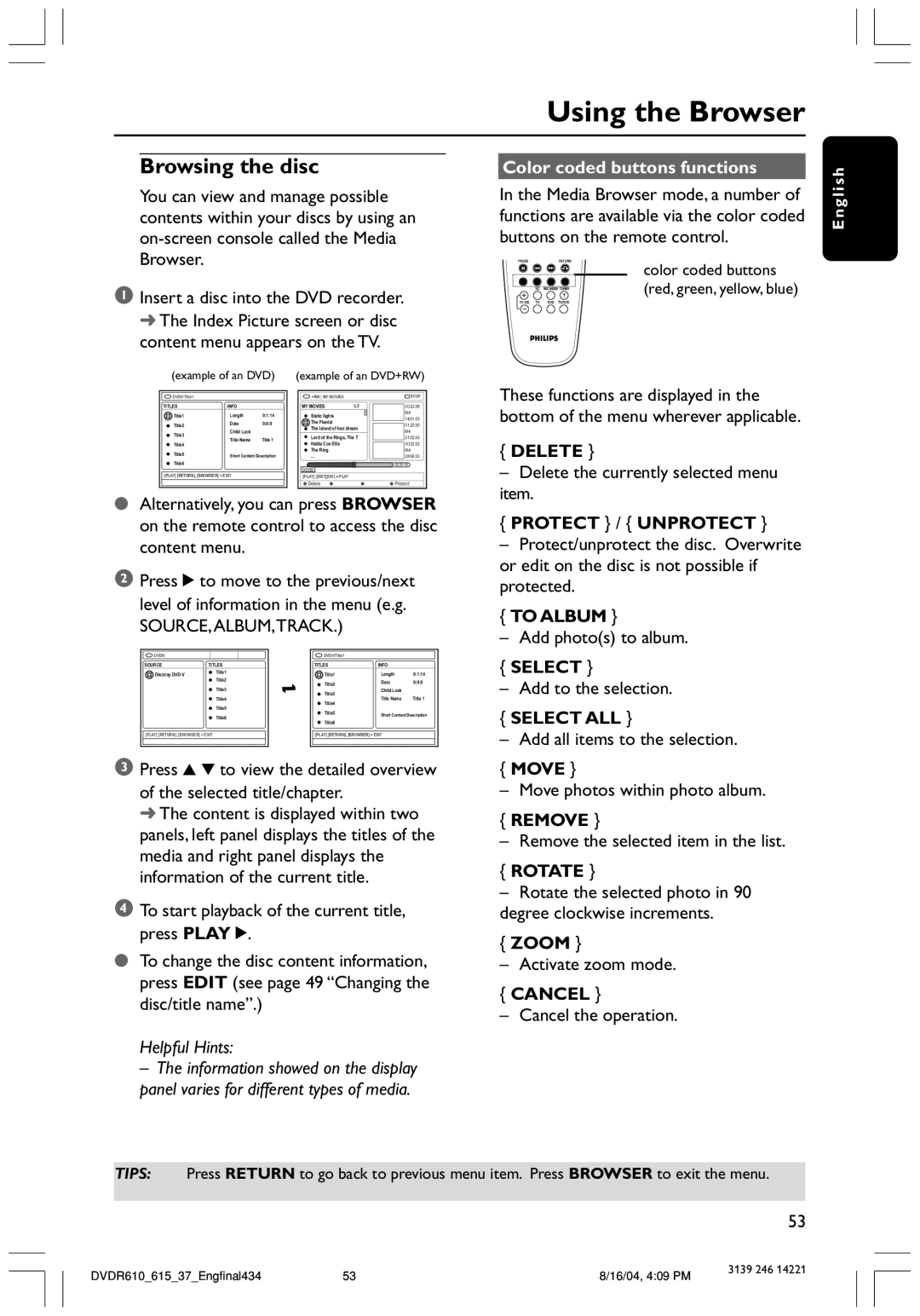 Philips DVDR615 user manual Using the Browser, Browsing the disc 