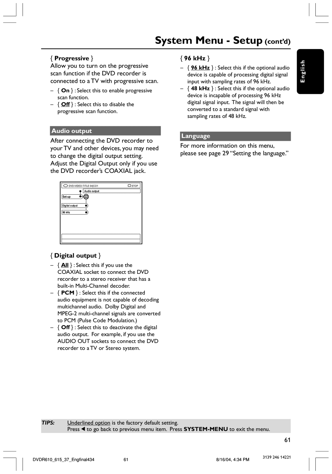 Philips DVDR615 user manual Progressive, 96 kHz, Audio output, Digital output, Language 