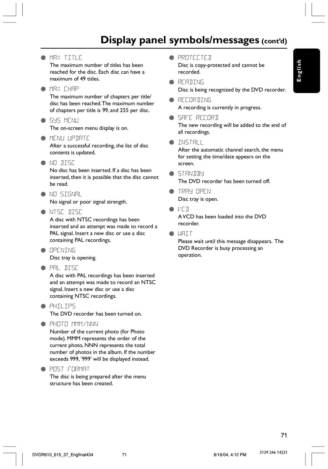 Philips DVDR615 user manual Display panel symbols/messages cont’d 