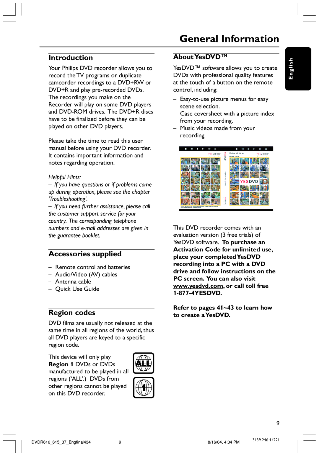 Philips DVDR615 user manual General Information, Introduction, Accessories supplied, Region codes 