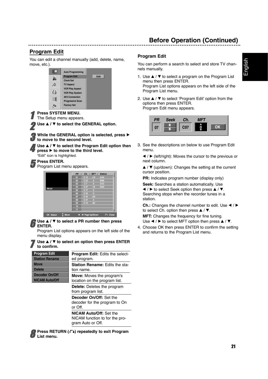 Philips DVDR630VR owner manual Before Operation, Program Edit 