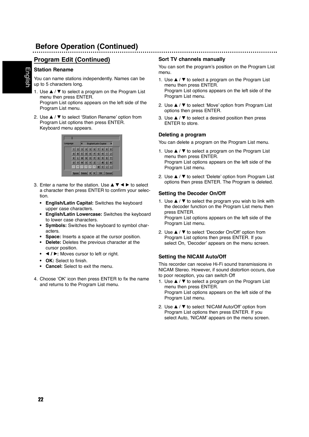 Philips DVDR630VR Sort TV channels manually, Deleting a program, Setting the Decoder On/Off, Setting the Nicam Auto/Off 