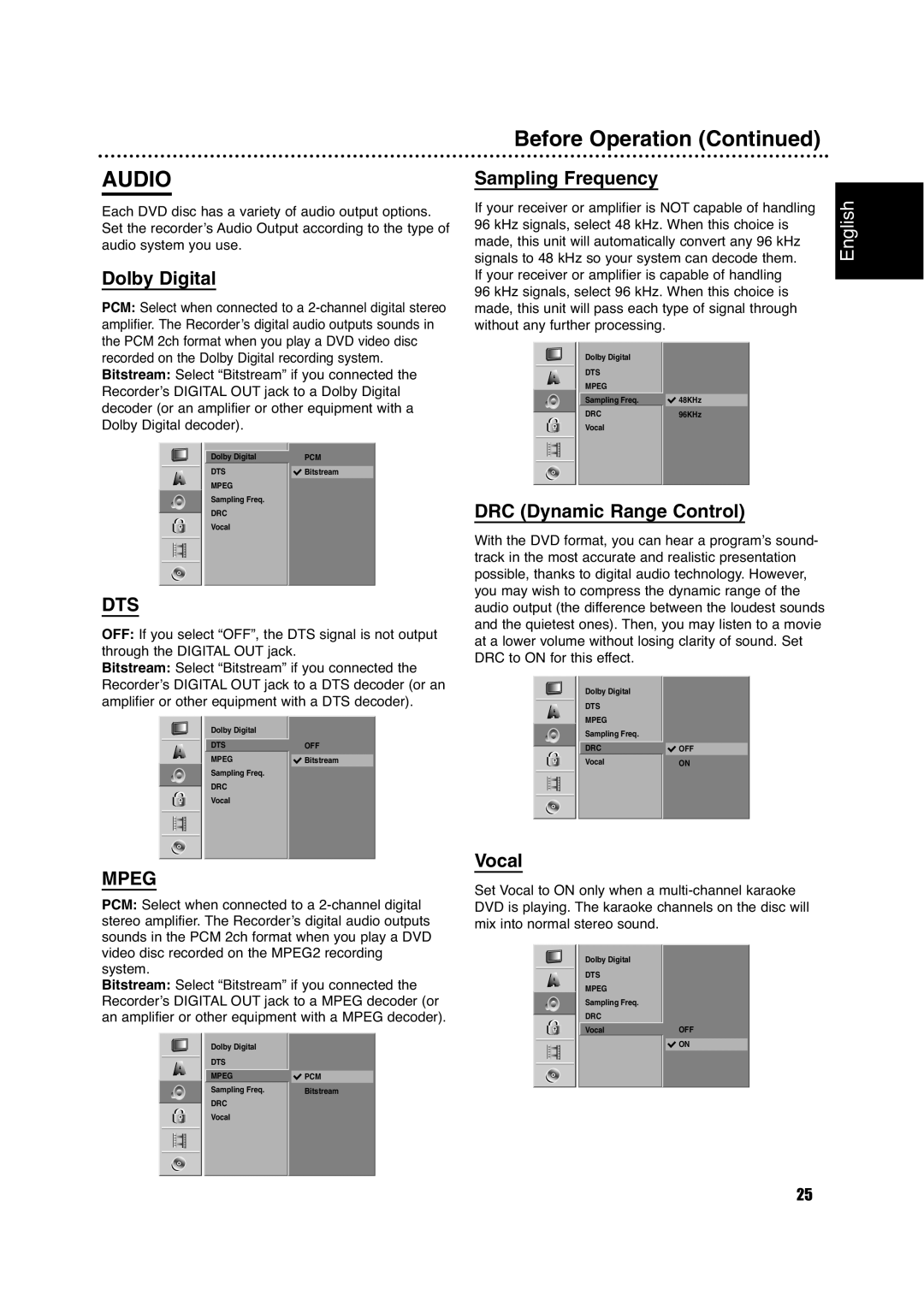 Philips DVDR630VR owner manual Dolby Digital, Sampling Frequency, DRC Dynamic Range Control, Vocal 