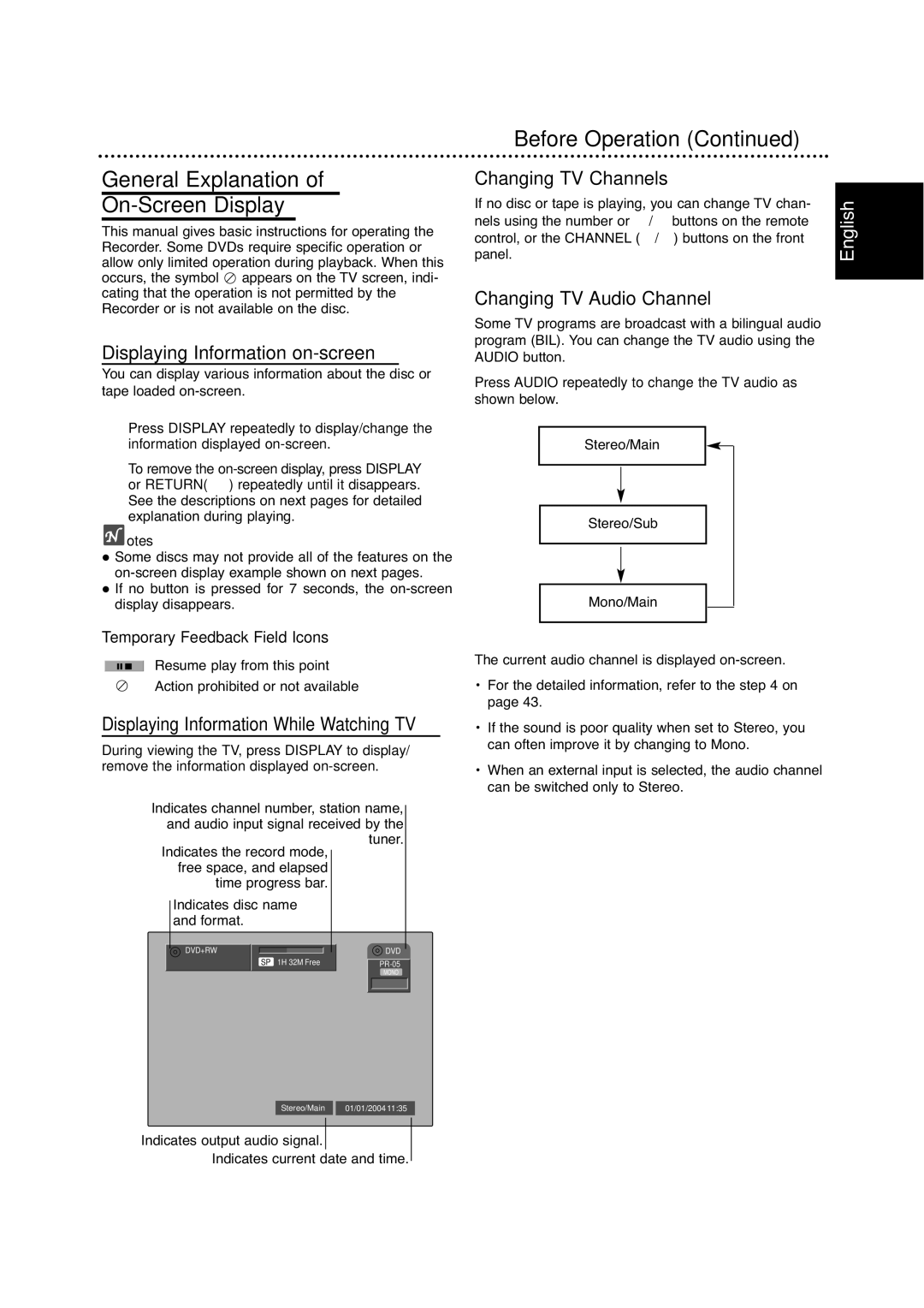 Philips DVDR630VR General Explanation On-Screen Display, Displaying Information on-screen, Changing TV Channels 