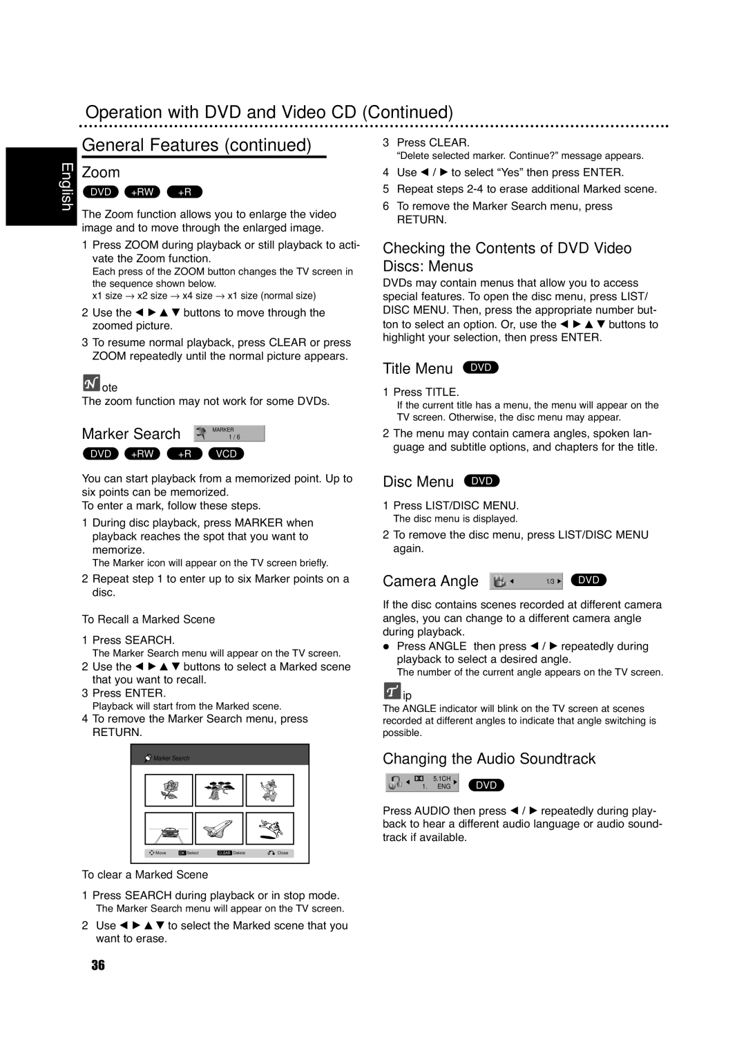 Philips DVDR630VR Zoom, Checking the Contents of DVD Video Discs Menus, Title Menu DVD, Disc Menu DVD, Camera Angle 