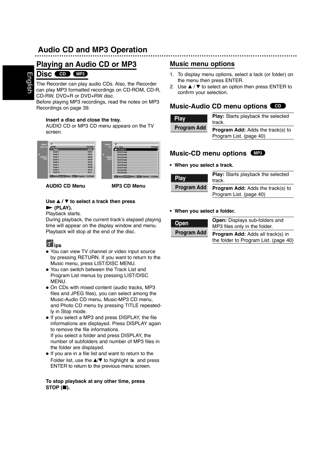 Philips DVDR630VR Audio CD and MP3 Operation Playing an Audio CD or MP3, Music menu options, Music-CD menu options MP3 