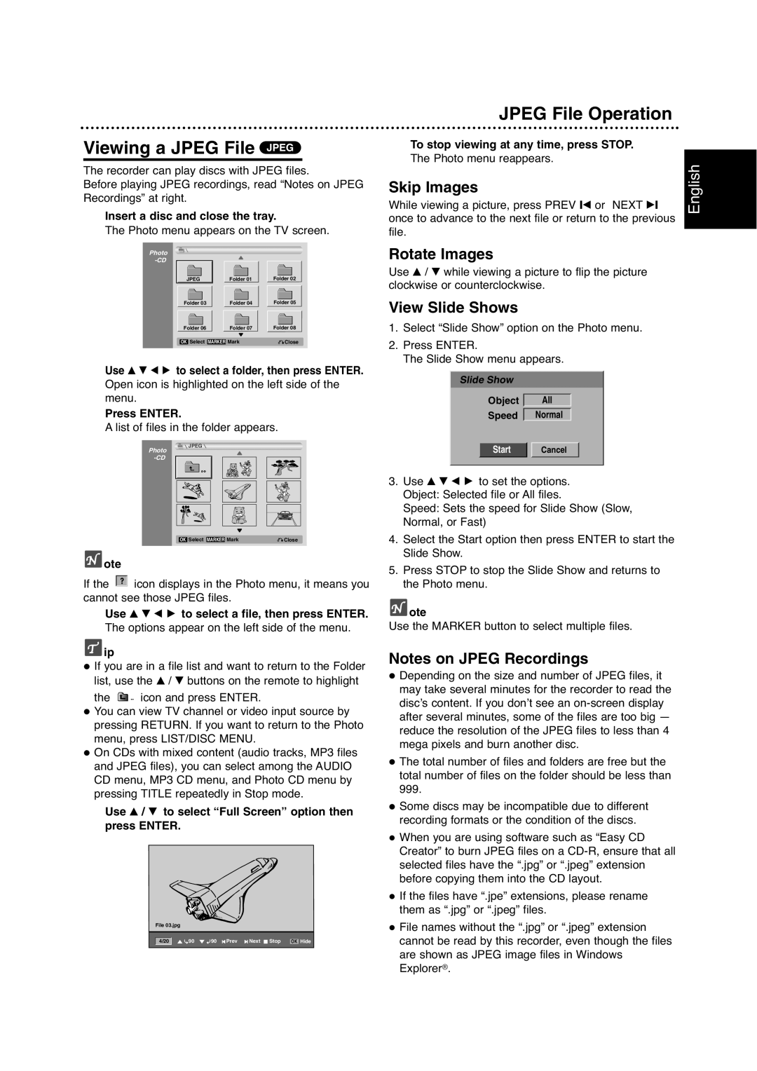 Philips DVDR630VR owner manual Viewing a Jpeg File Jpeg, Jpeg File Operation, Skip Images, Rotate Images, View Slide Shows 