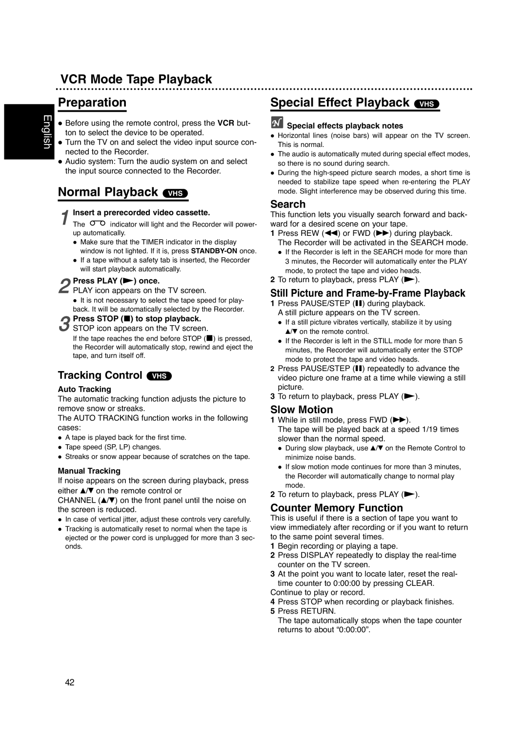 Philips DVDR630VR owner manual VCR Mode Tape Playback Preparation, Normal Playback VHS, Special Effect Playback VHS 