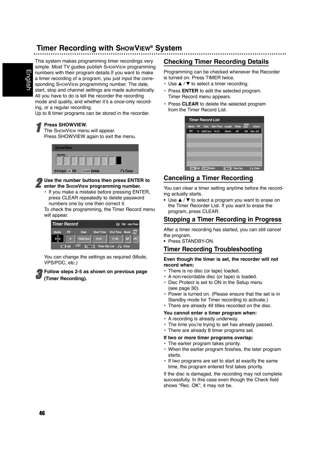 Philips DVDR630VR Timer Recording with Showview System, Checking Timer Recording Details, Canceling a Timer Recording 