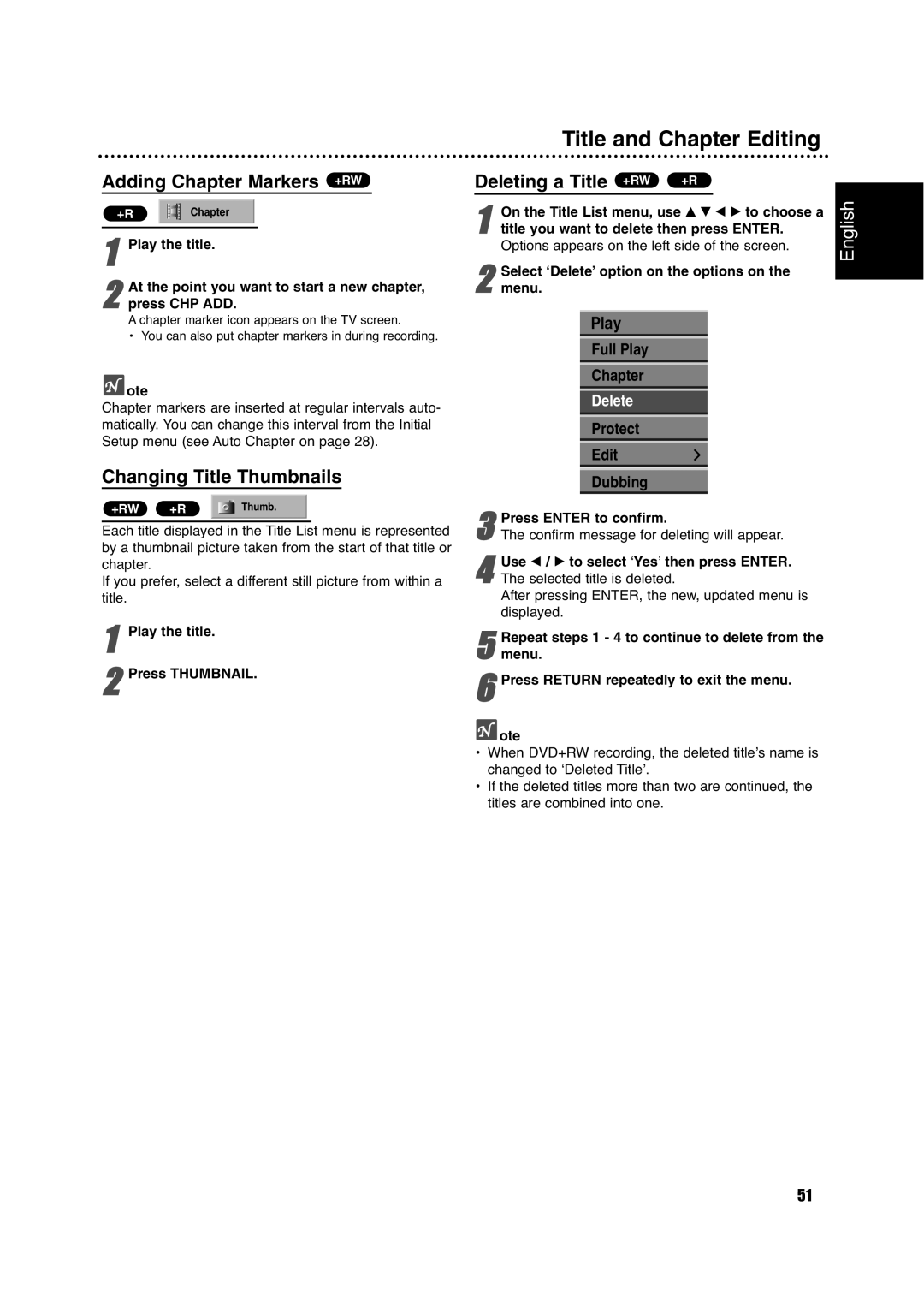 Philips DVDR630VR Adding Chapter Markers +RW, Changing Title Thumbnails, Deleting a Title +RW +R, Full Play Chapter 