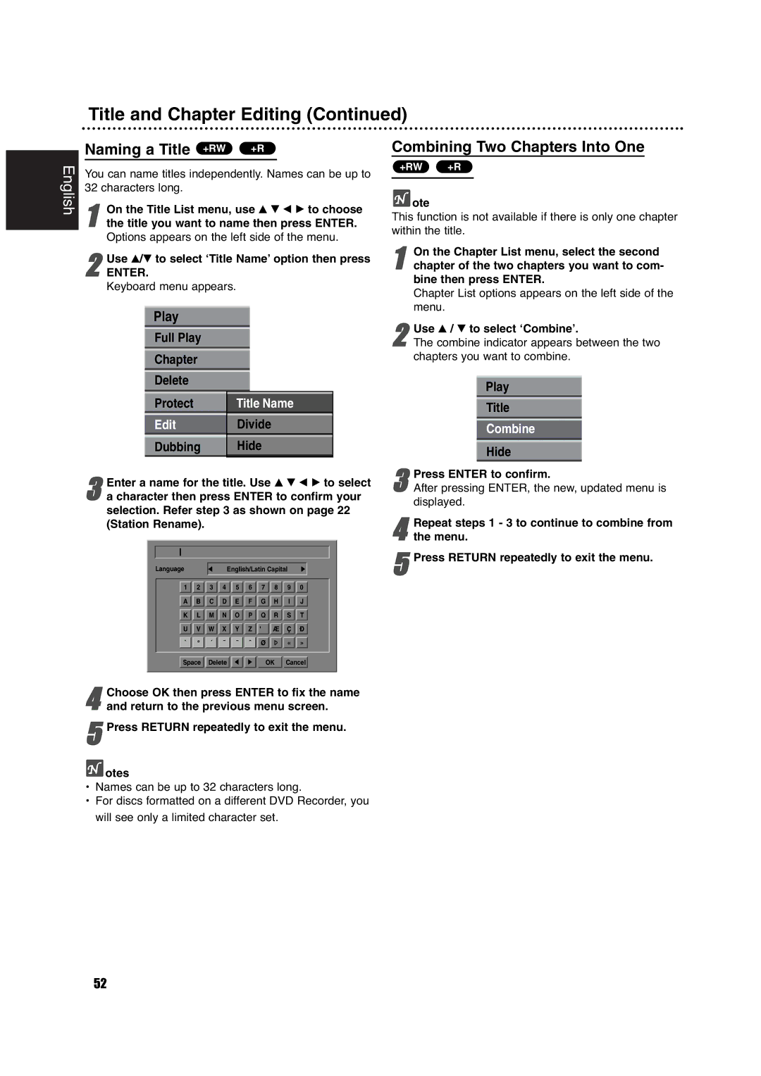 Philips DVDR630VR Title and Chapter Editing, Naming a Title, Combining Two Chapters Into One, Chapter Delete, Play Title 