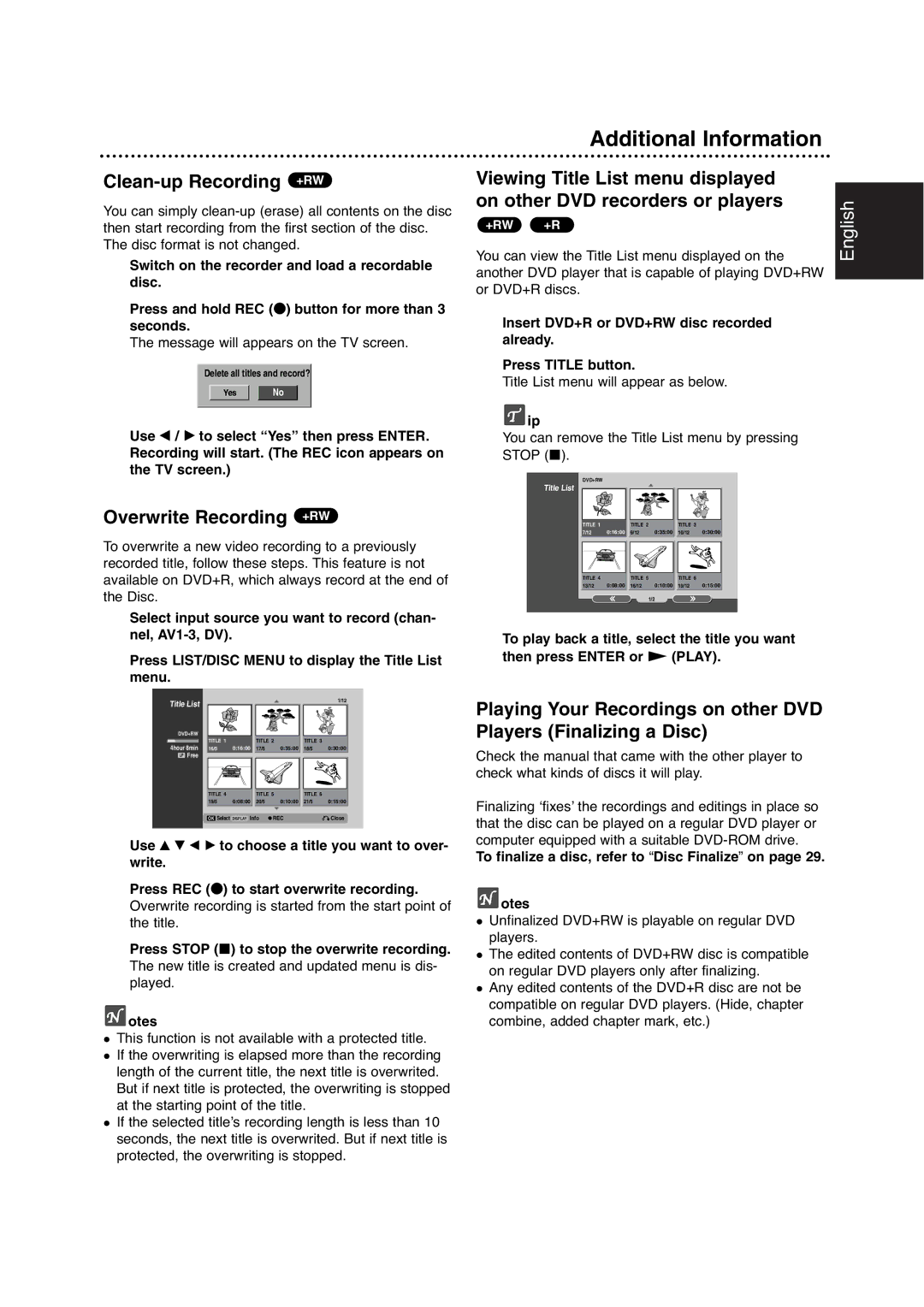 Philips DVDR630VR owner manual Additional Information, Clean-up Recording +RW, Overwrite Recording +RW 