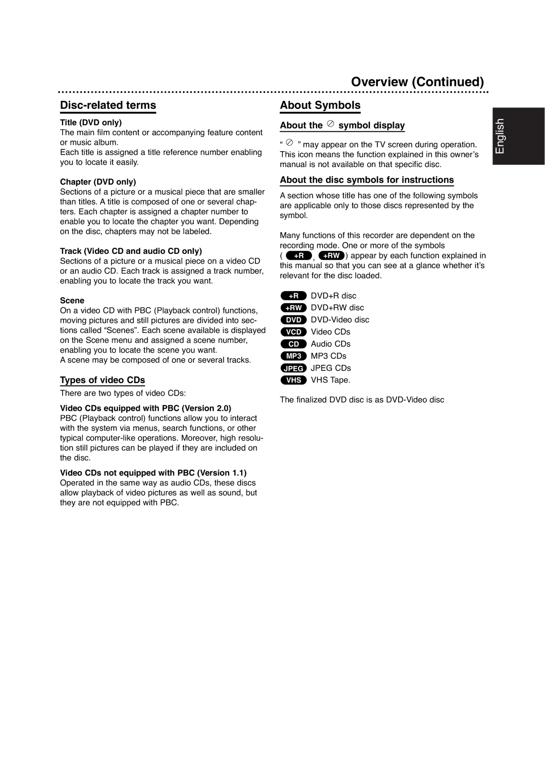 Philips DVDR630VR owner manual Disc-related terms, About Symbols, Types of video CDs 