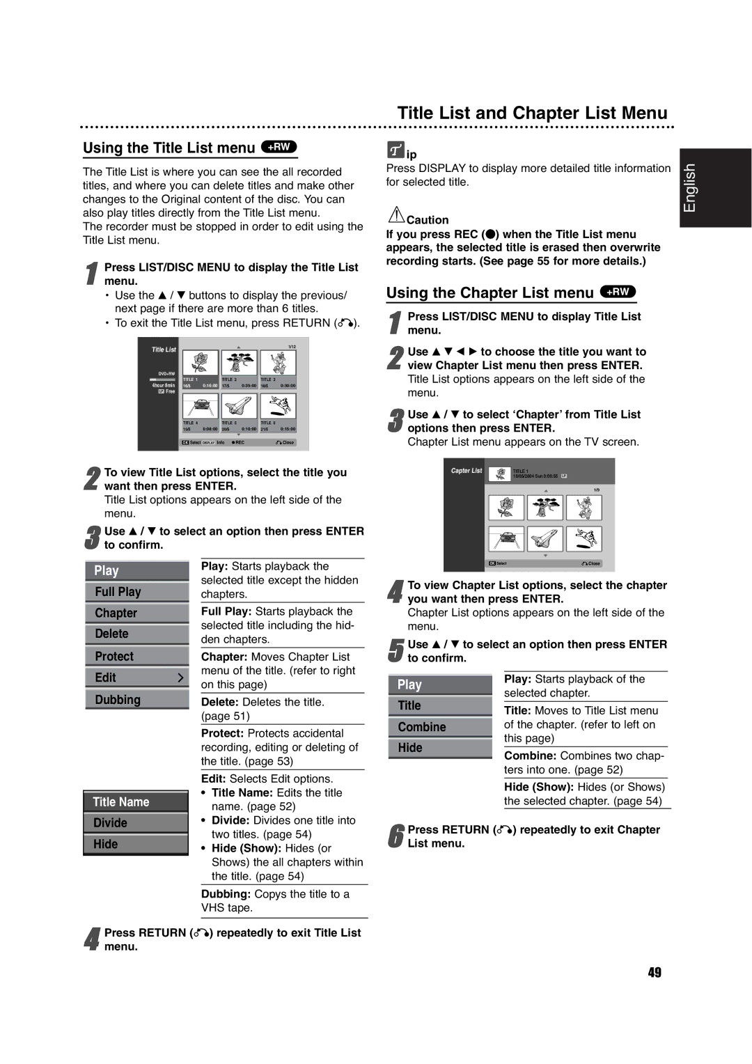 Philips DVDR630VR Title List and Chapter List Menu, Using the Title List menu +RW, Using the Chapter List menu +RW 